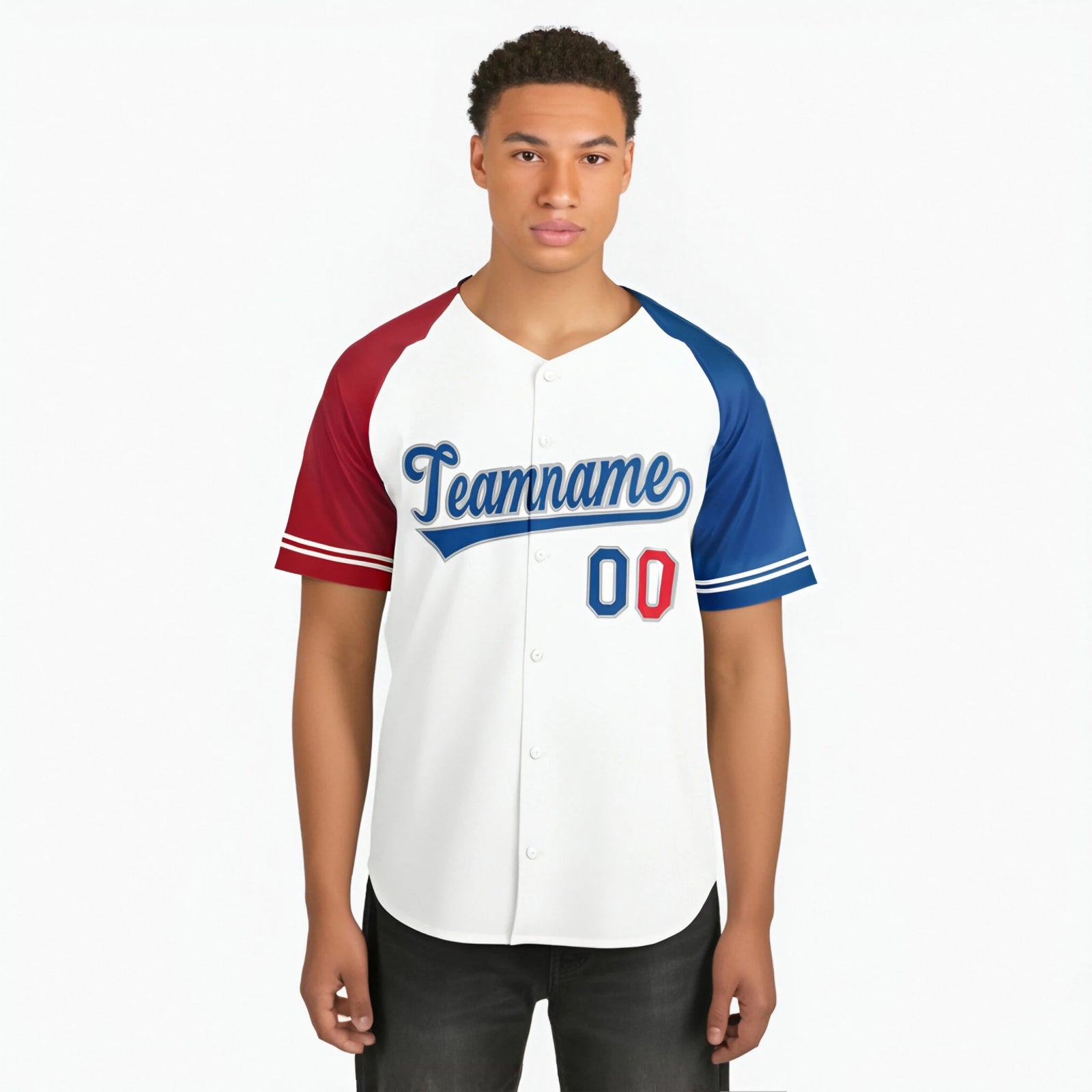 Custom White Red-Blue Authentic Raglan Sleeves Baseball Jersey