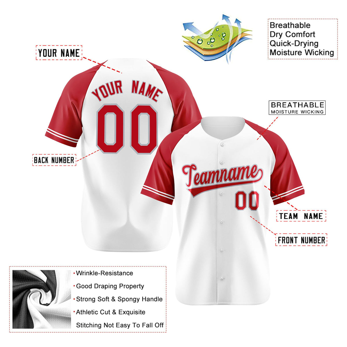 Custom White Red Authentic Raglan Sleeves Baseball Jersey