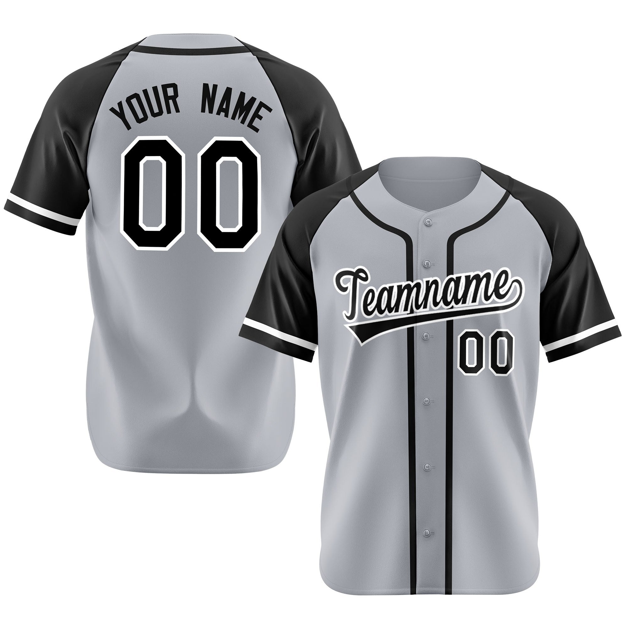 Custom Gray Black Authentic Raglan Sleeves Baseball Jersey