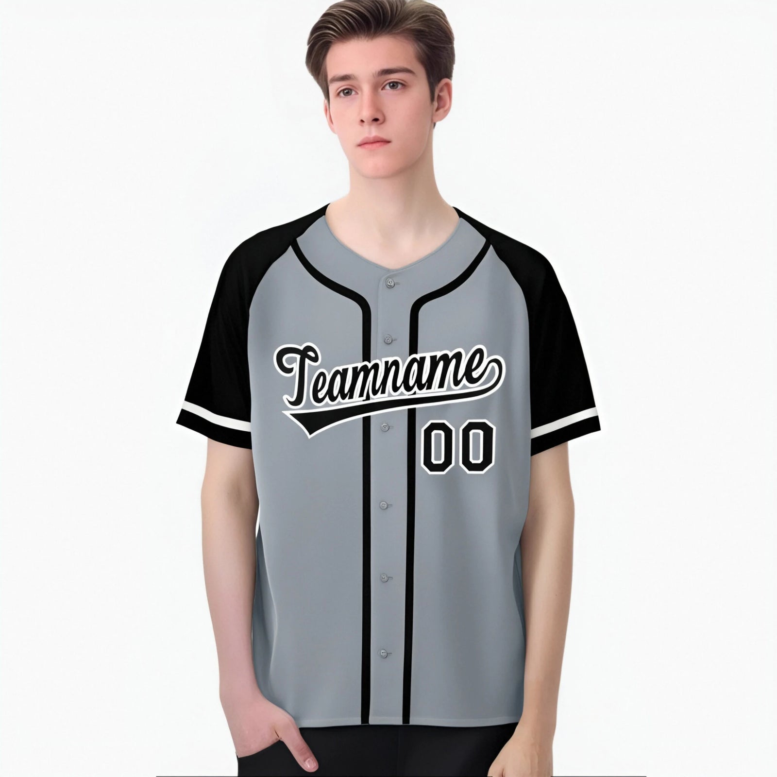 Custom Gray Black Authentic Raglan Sleeves Baseball Jersey
