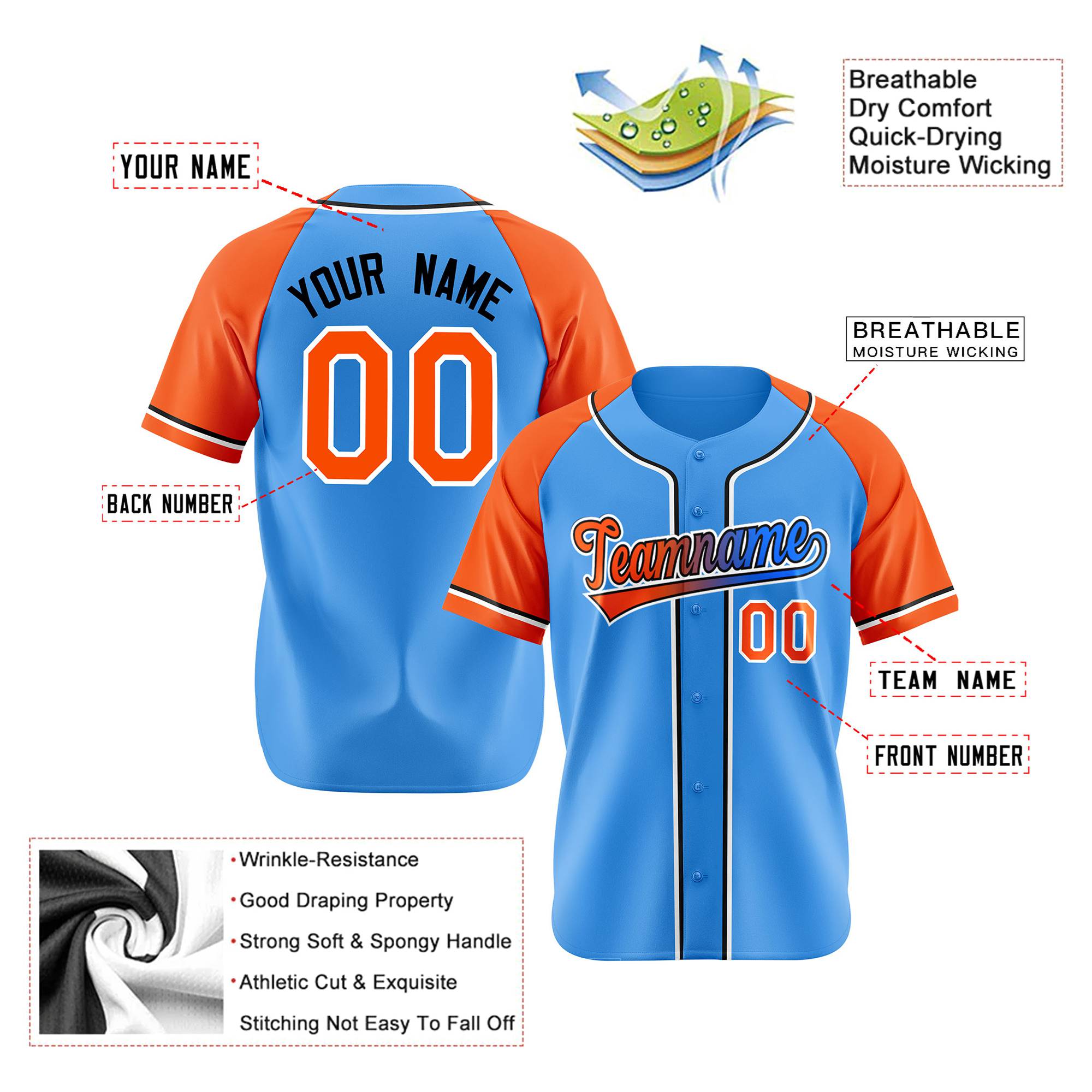 Custom Powder Blue Orange Authentic Raglan Sleeves Baseball Jersey