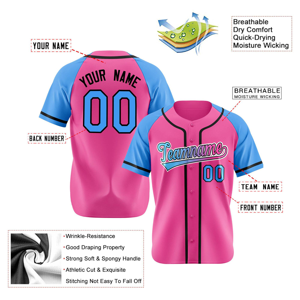 Custom Pink Powder Blue Authentic Raglan Sleeves Baseball Jersey