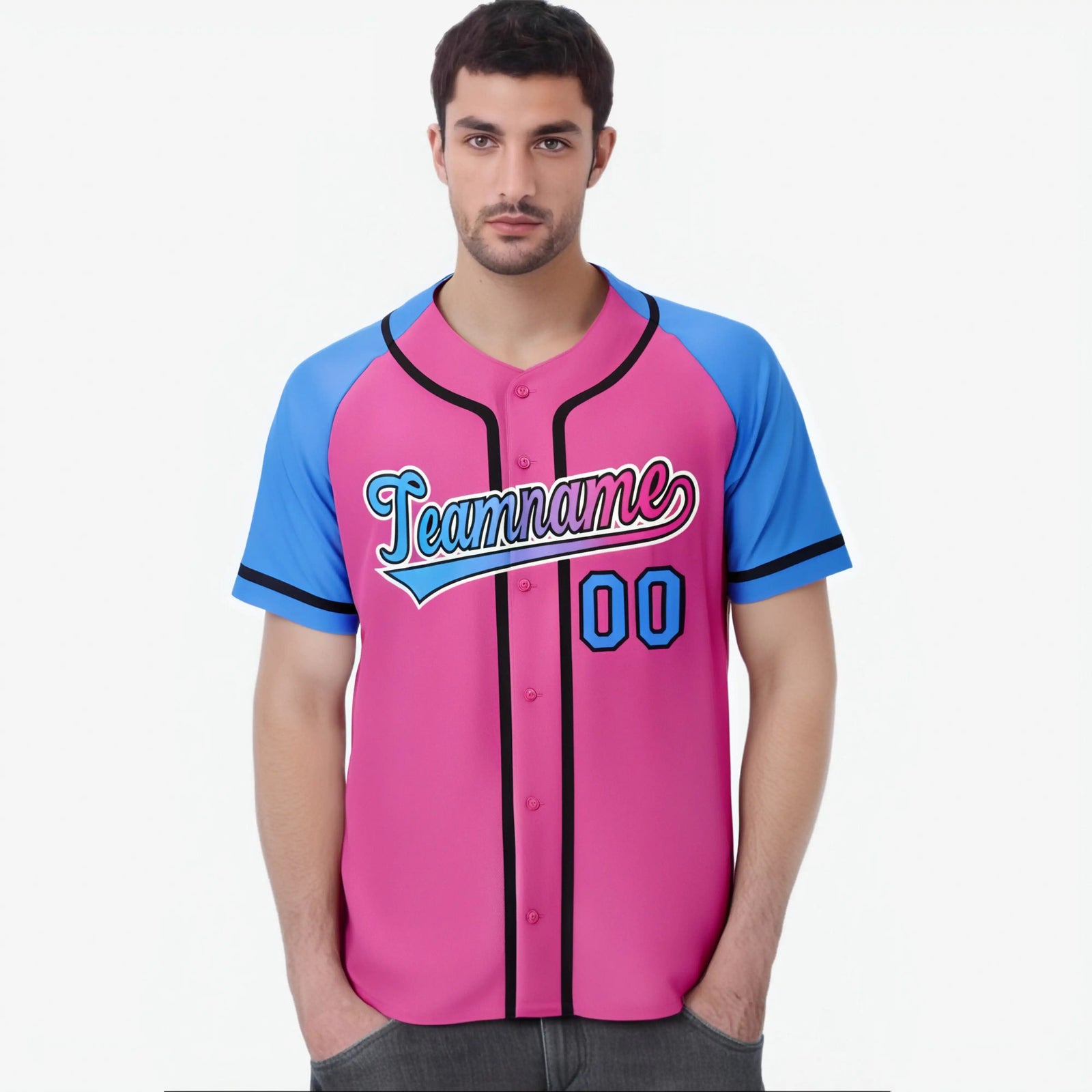 Custom Pink Powder Blue Authentic Raglan Sleeves Baseball Jersey