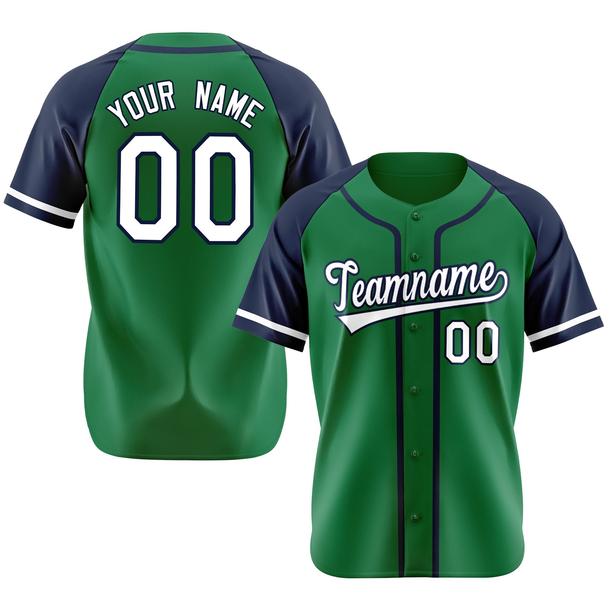 Custom Kelly Green Navy Authentic Raglan Sleeves Baseball Jersey