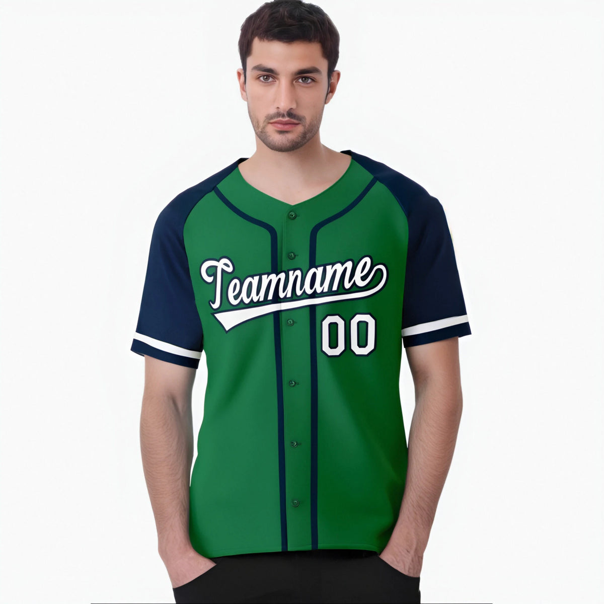 Custom Kelly Green Navy Authentic Raglan Sleeves Baseball Jersey