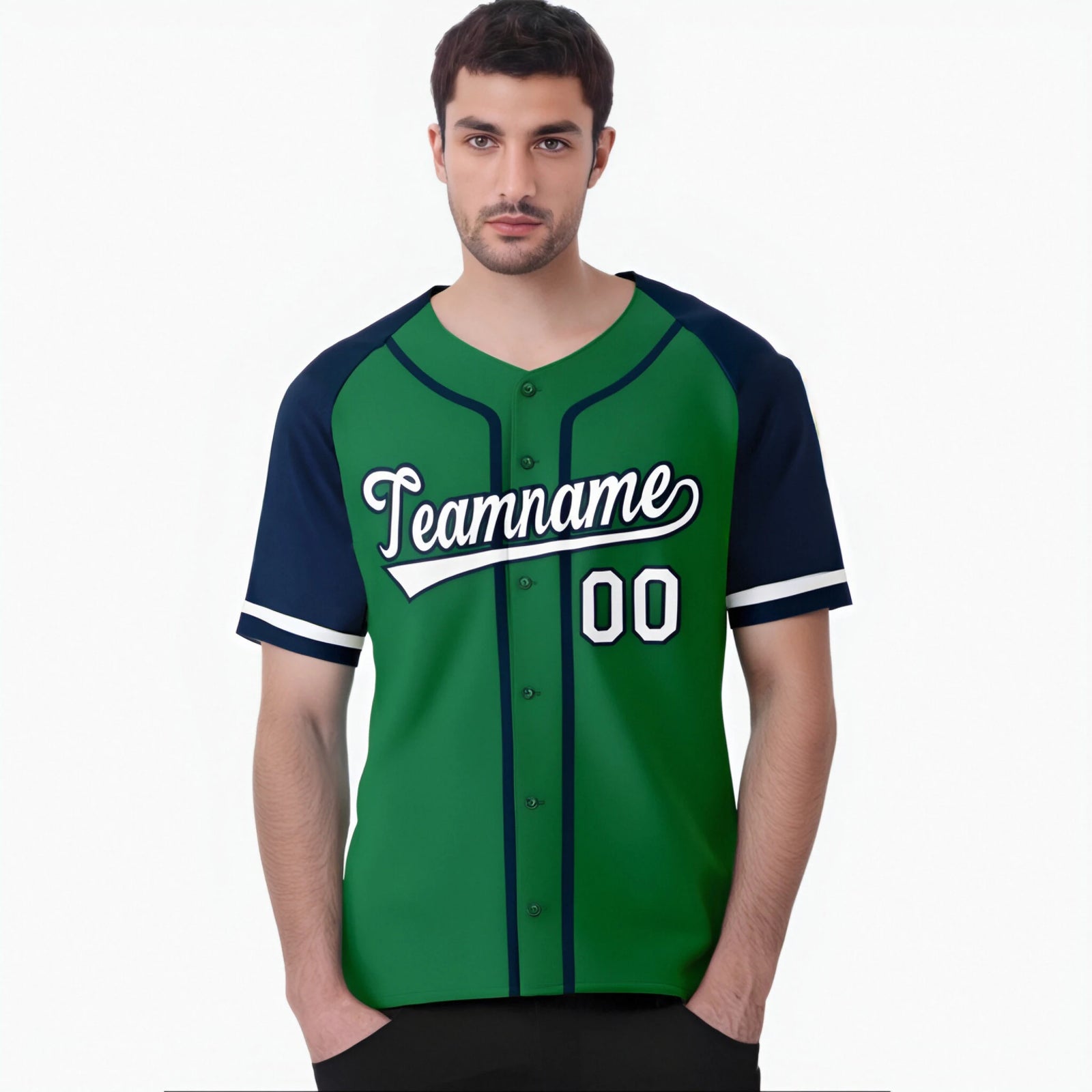 Custom Kelly Green Navy Authentic Raglan Sleeves Baseball Jersey