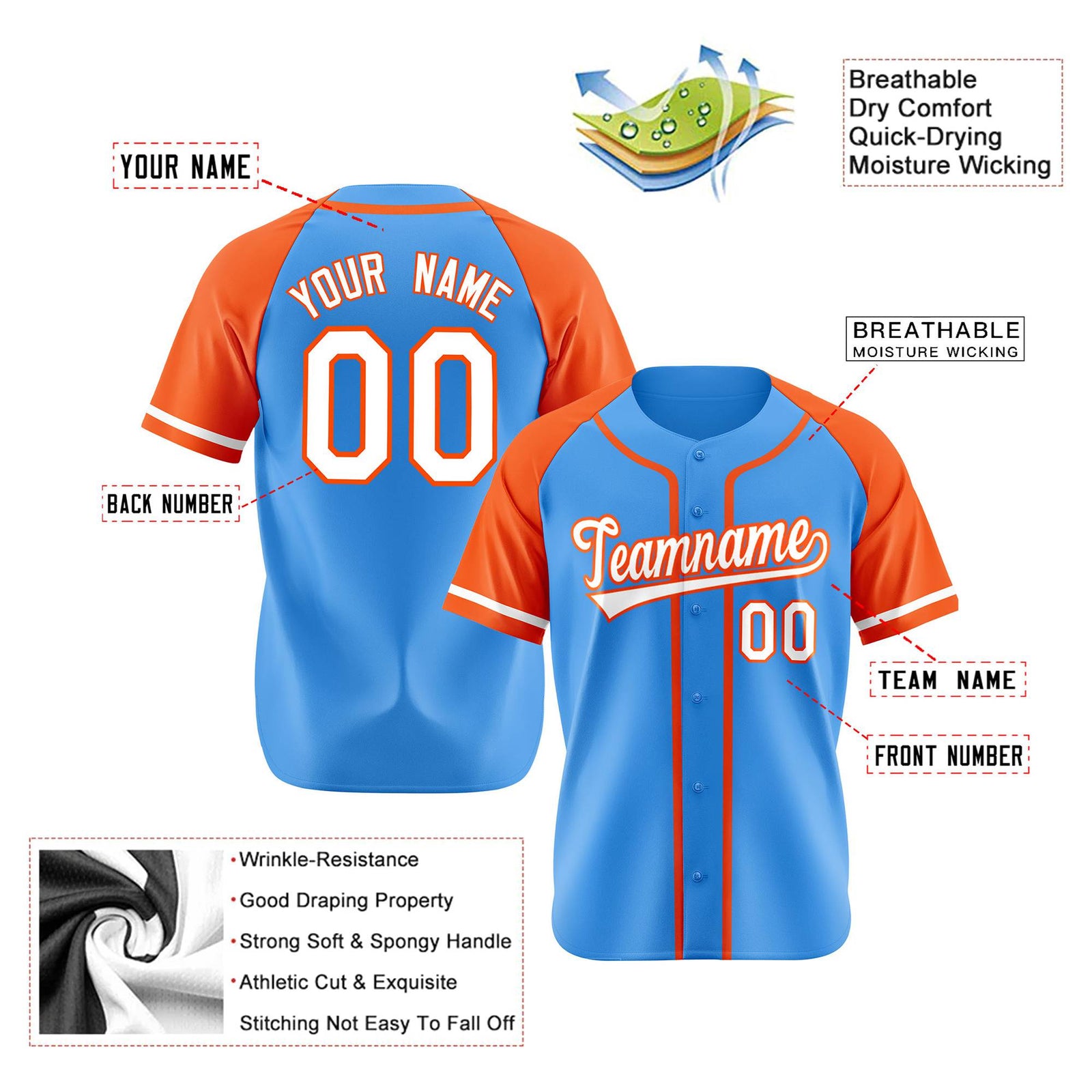 Custom Powder Blue Orange White Authentic Raglan Sleeves Baseball Jersey