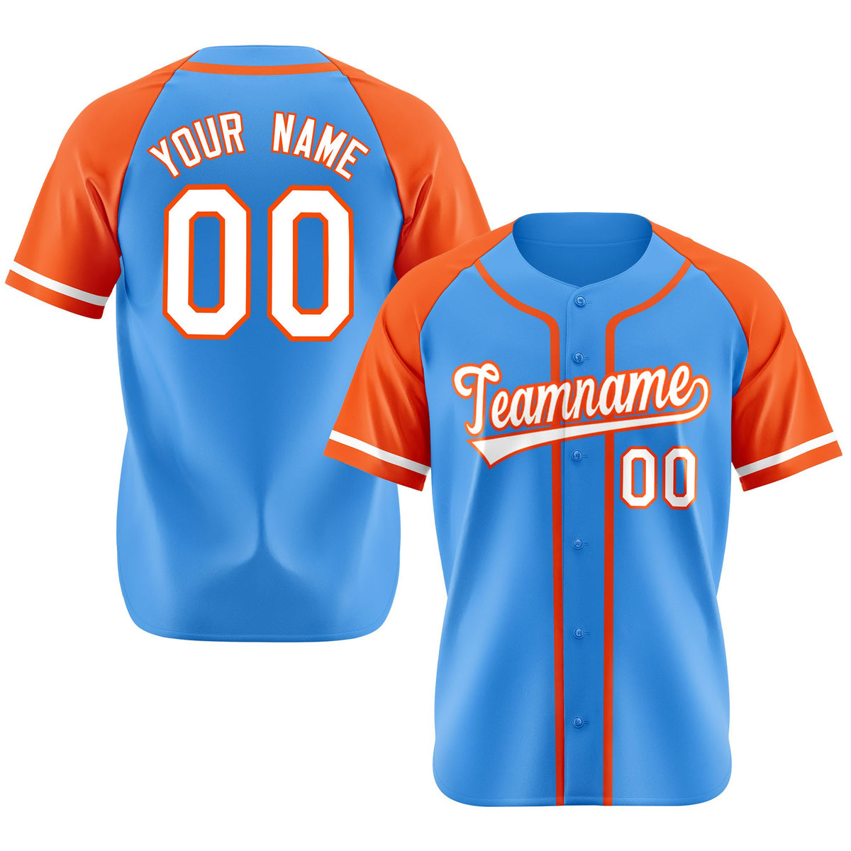 Custom Powder Blue Orange White Authentic Raglan Sleeves Baseball Jersey
