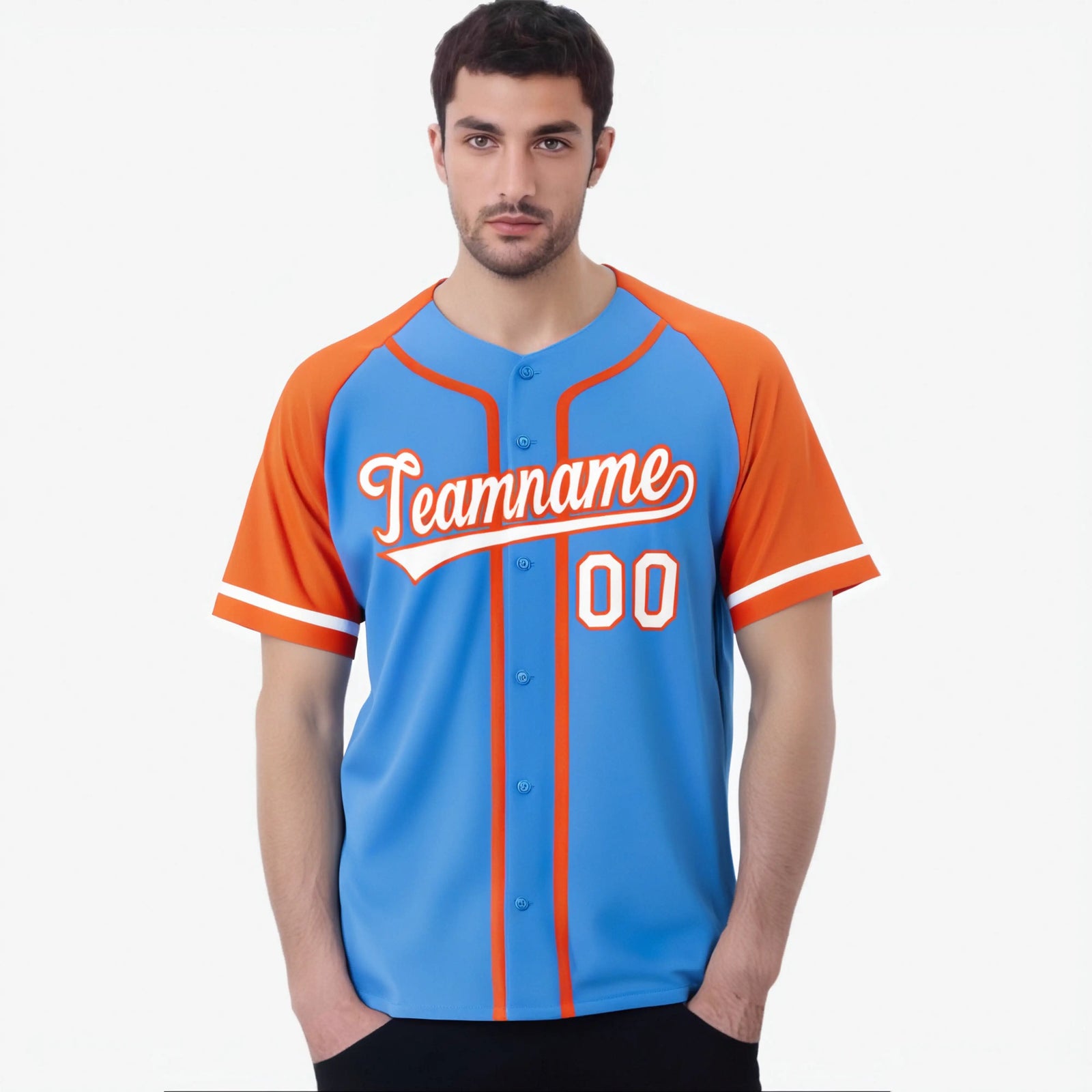 Custom Powder Blue Orange White Authentic Raglan Sleeves Baseball Jersey