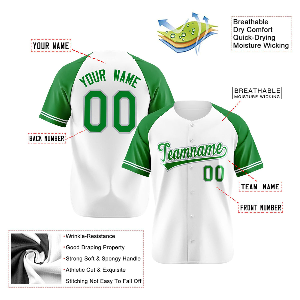Custom White Kelly Green Authentic Raglan Sleeves Baseball Jersey