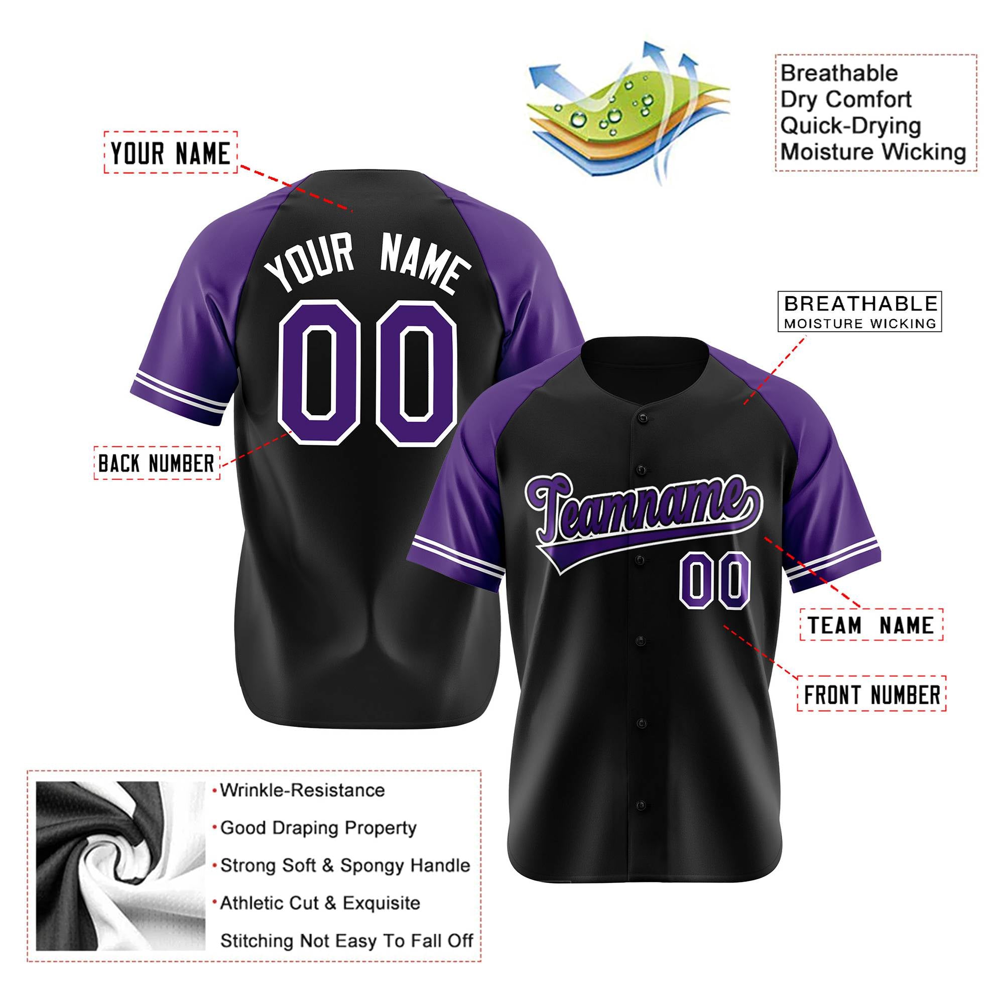 Custom Black Purple Authentic Raglan Sleeves Baseball Jersey