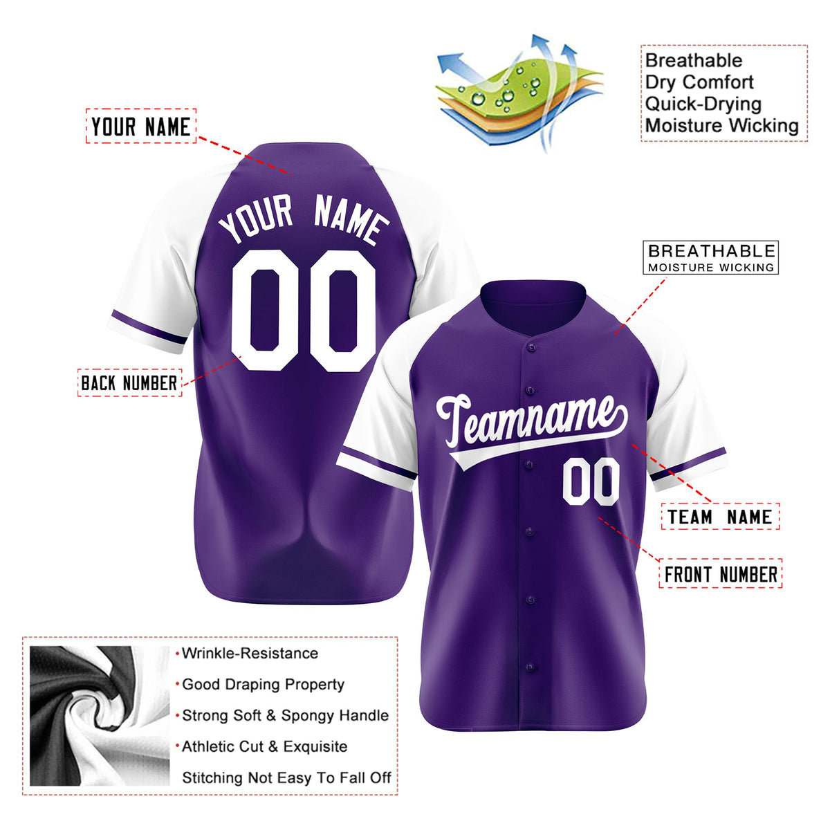 Custom Purple White Authentic Raglan Sleeves Baseball Jersey
