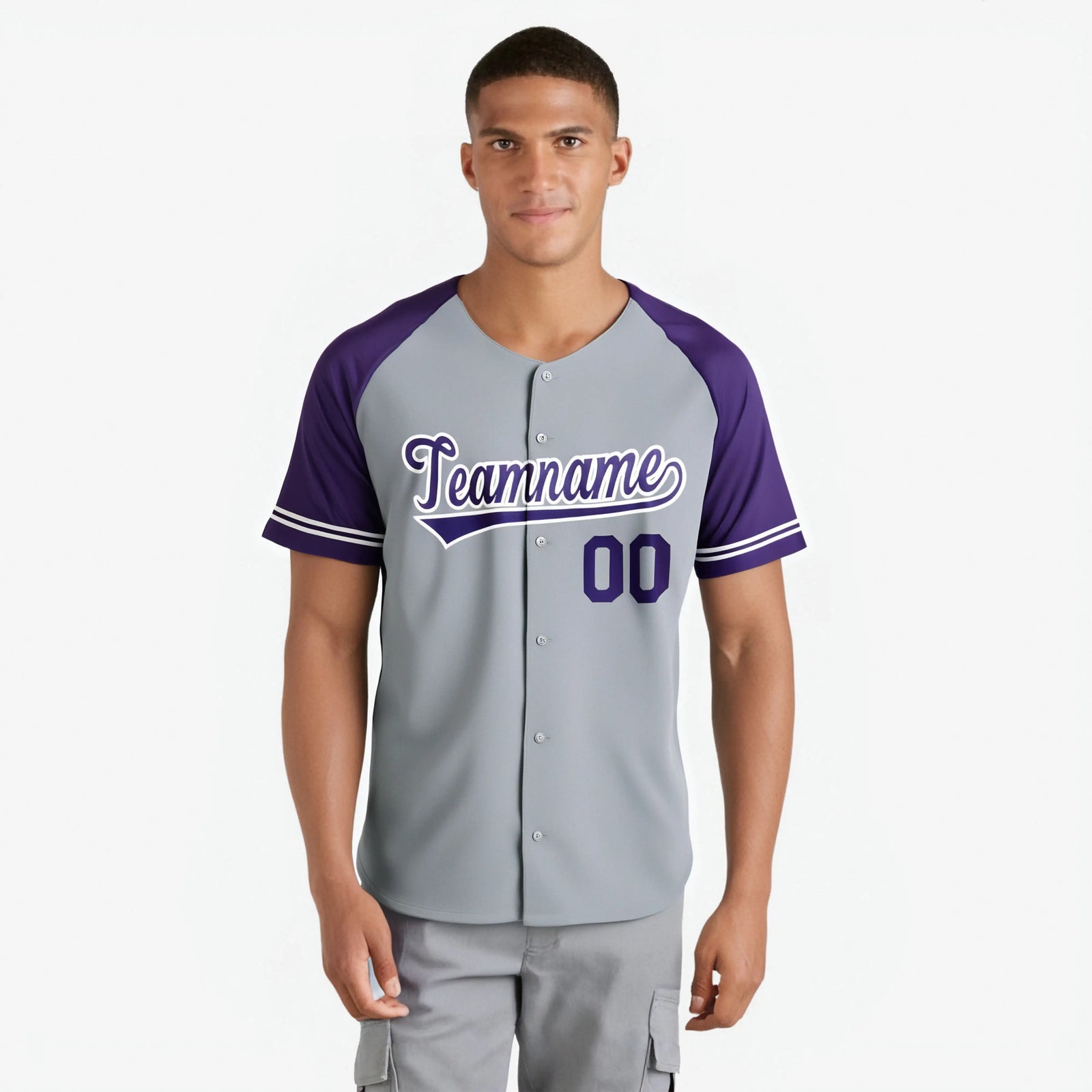 Custom Gray Purple Authentic Raglan Sleeves Baseball Jersey