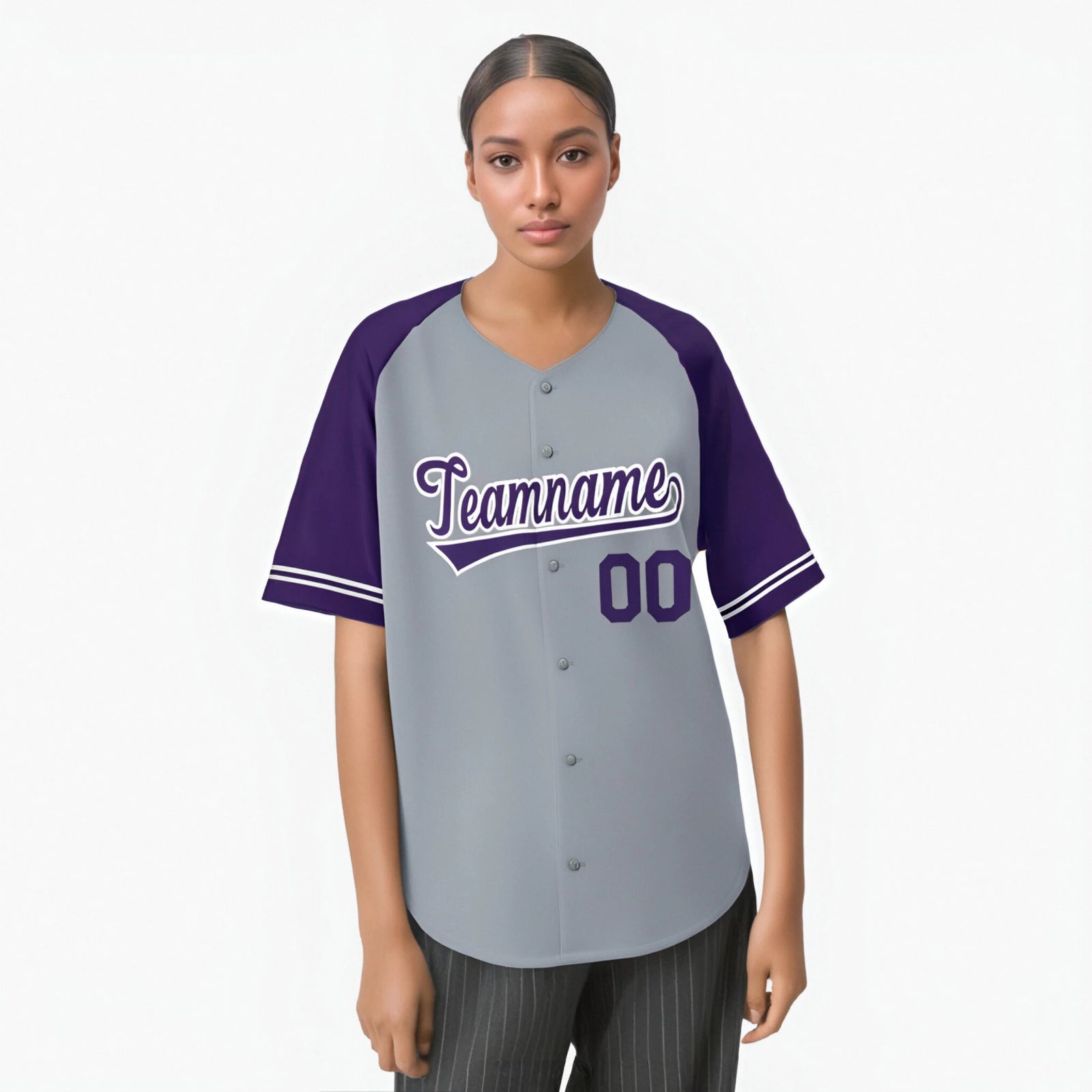 Custom Gray Purple Authentic Raglan Sleeves Baseball Jersey