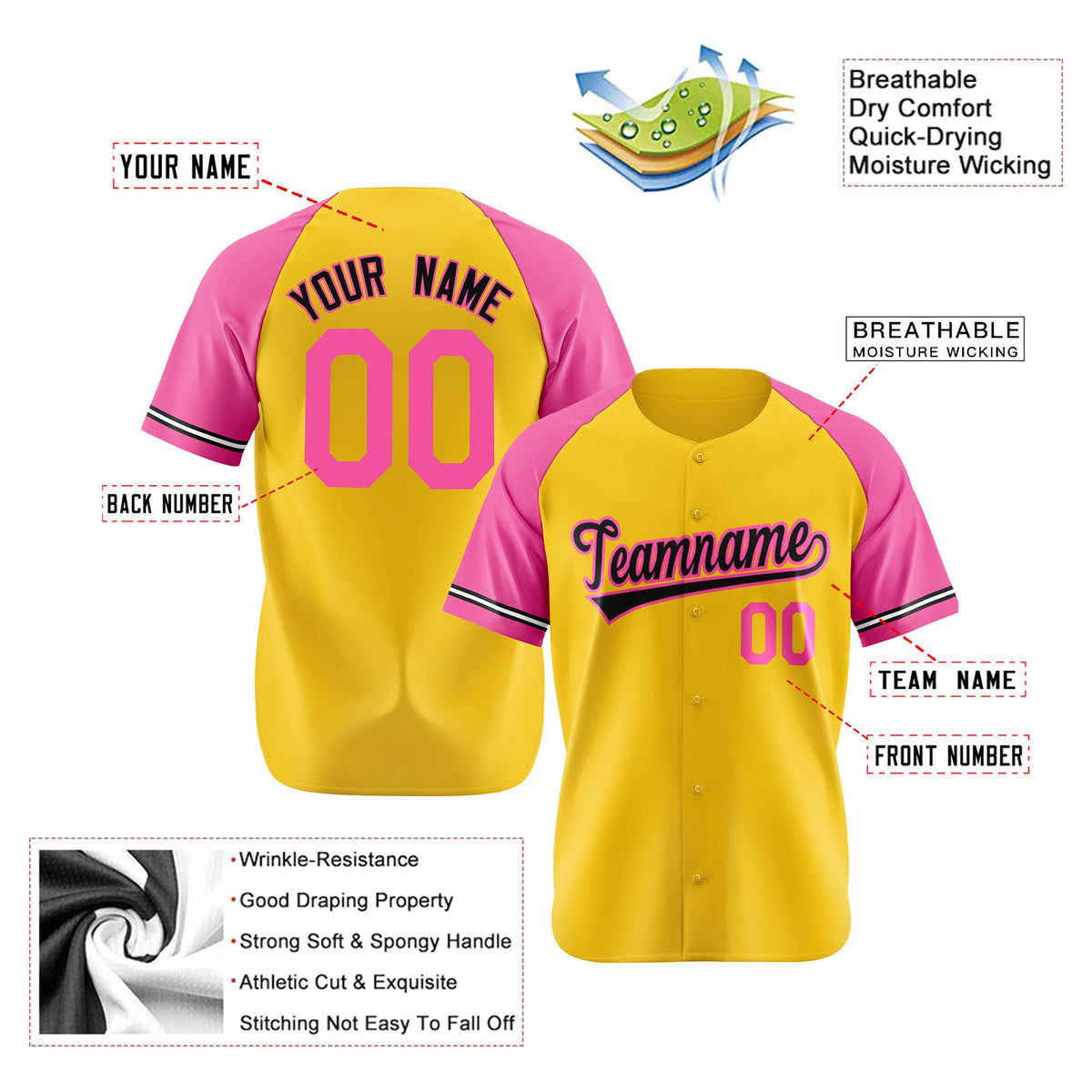 Custom Yellow Pink Authentic Raglan Sleeves Baseball Jersey