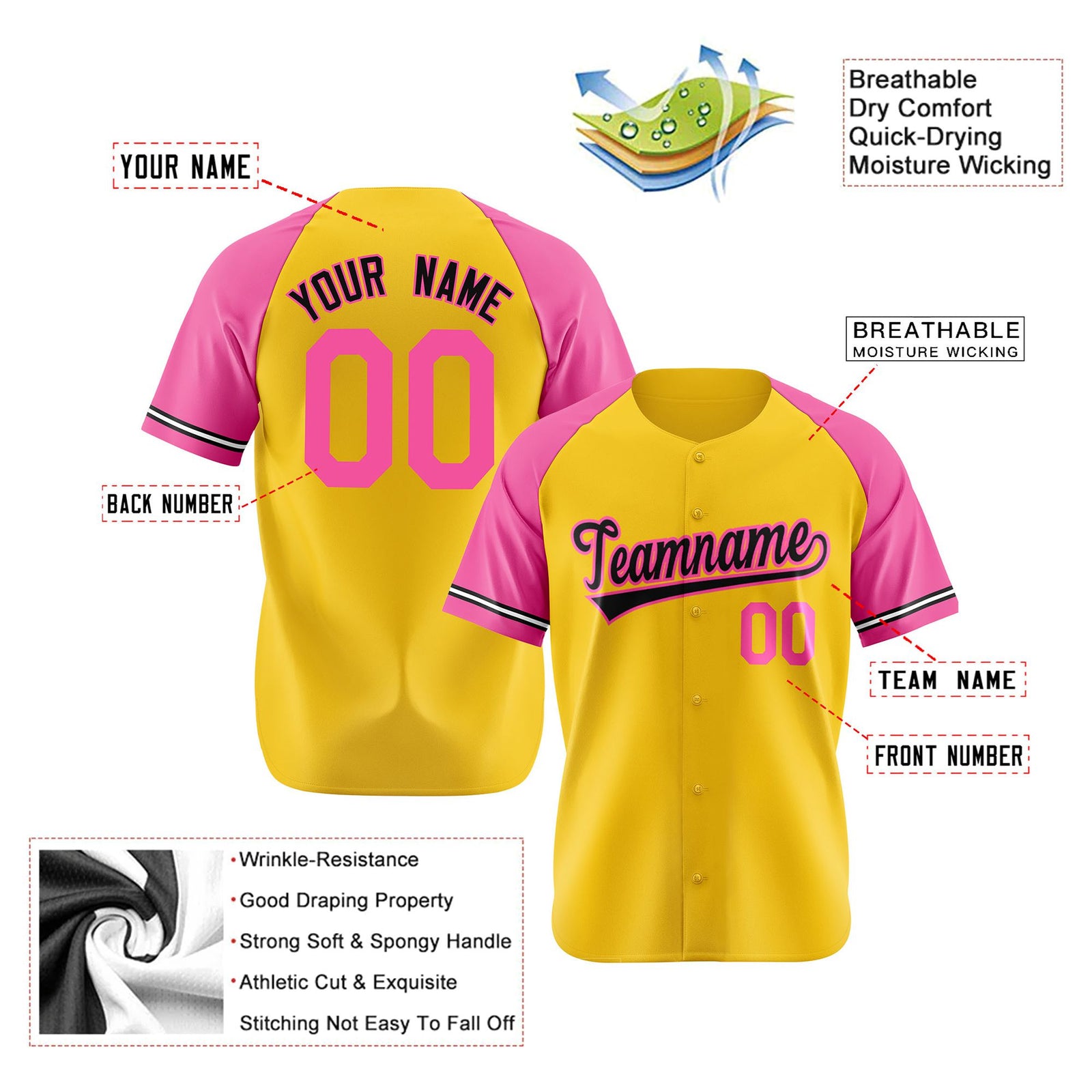 Custom Yellow Pink Authentic Raglan Sleeves Baseball Jersey
