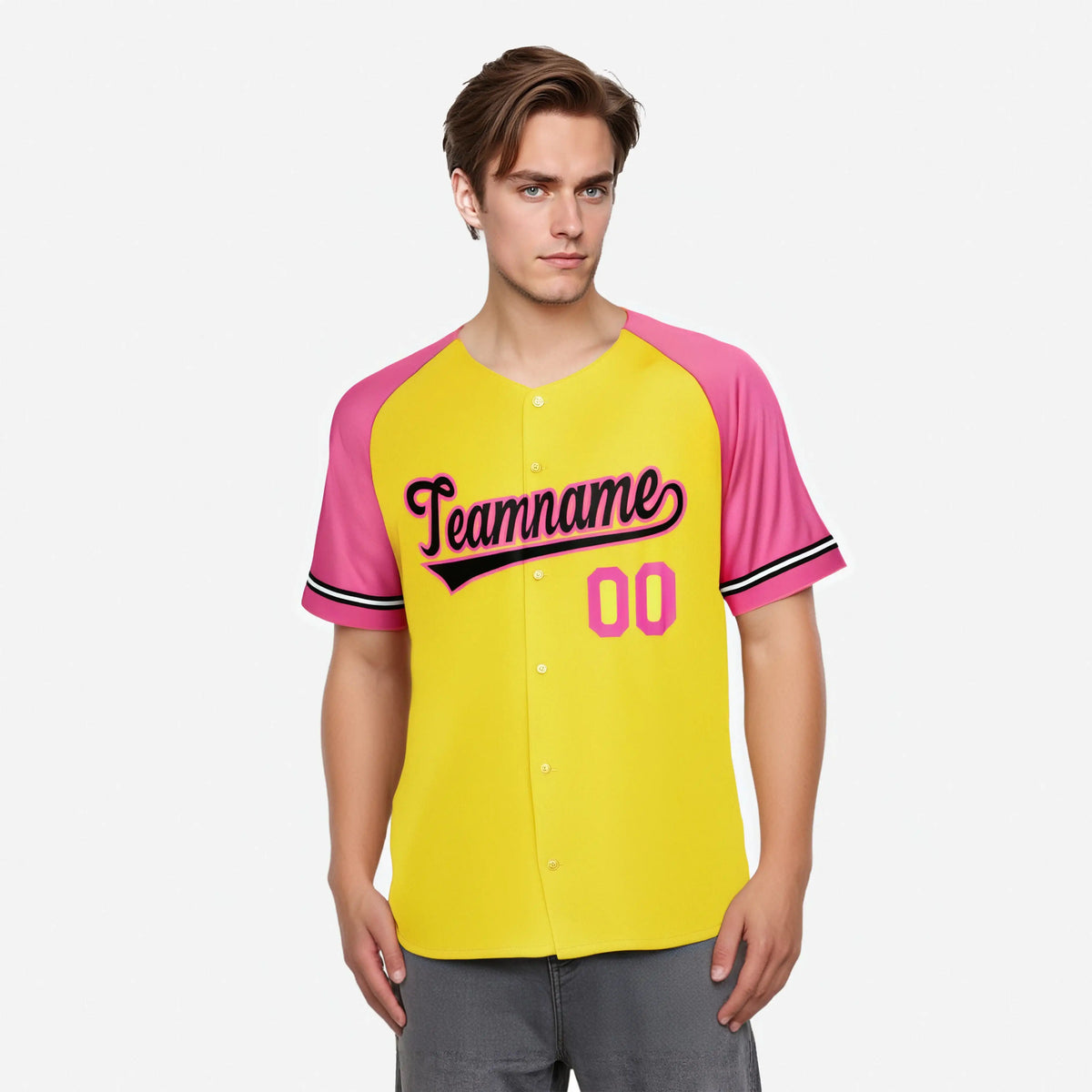 Custom Yellow Pink Authentic Raglan Sleeves Baseball Jersey
