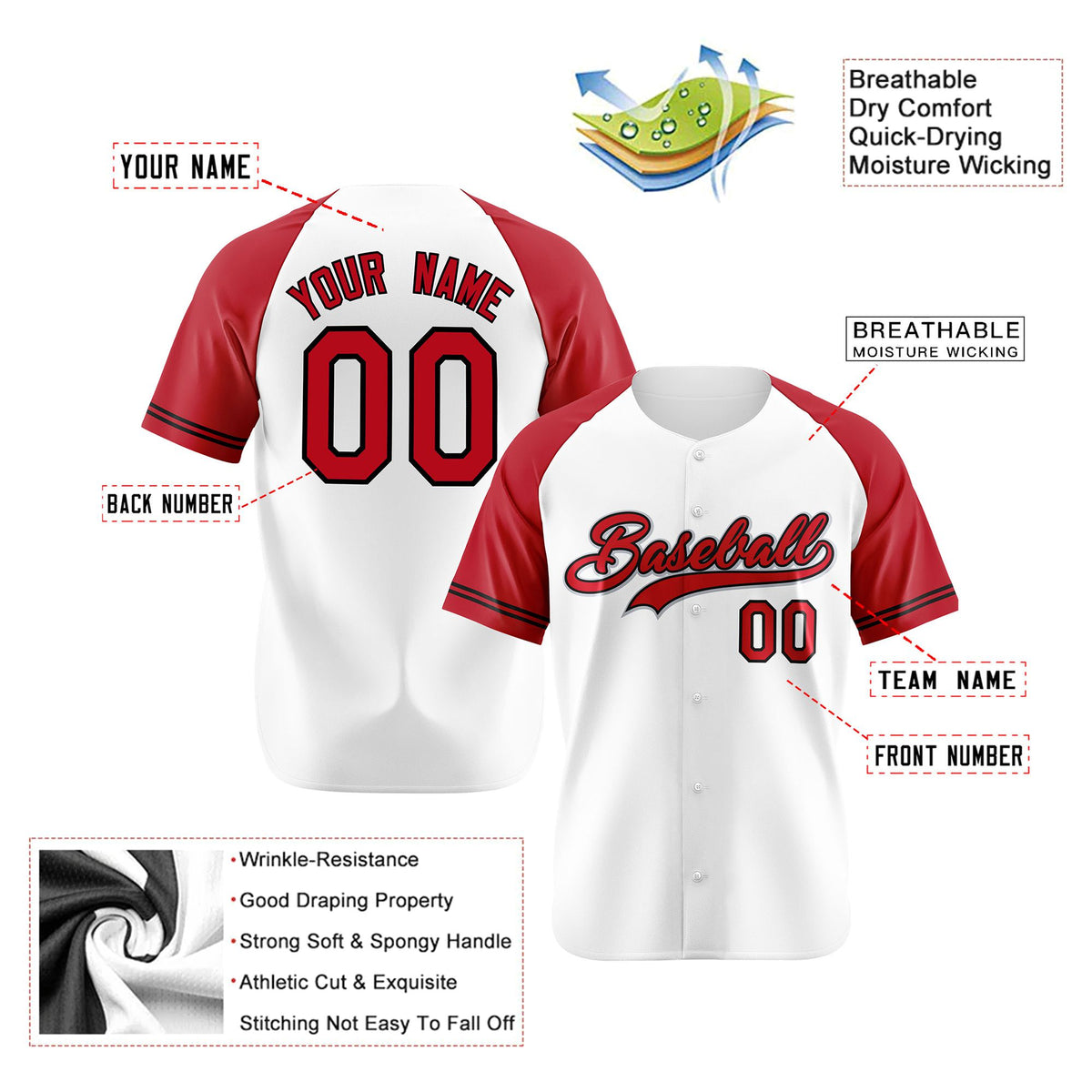 Custom White Red Authentic Raglan Sleeves Baseball Jersey