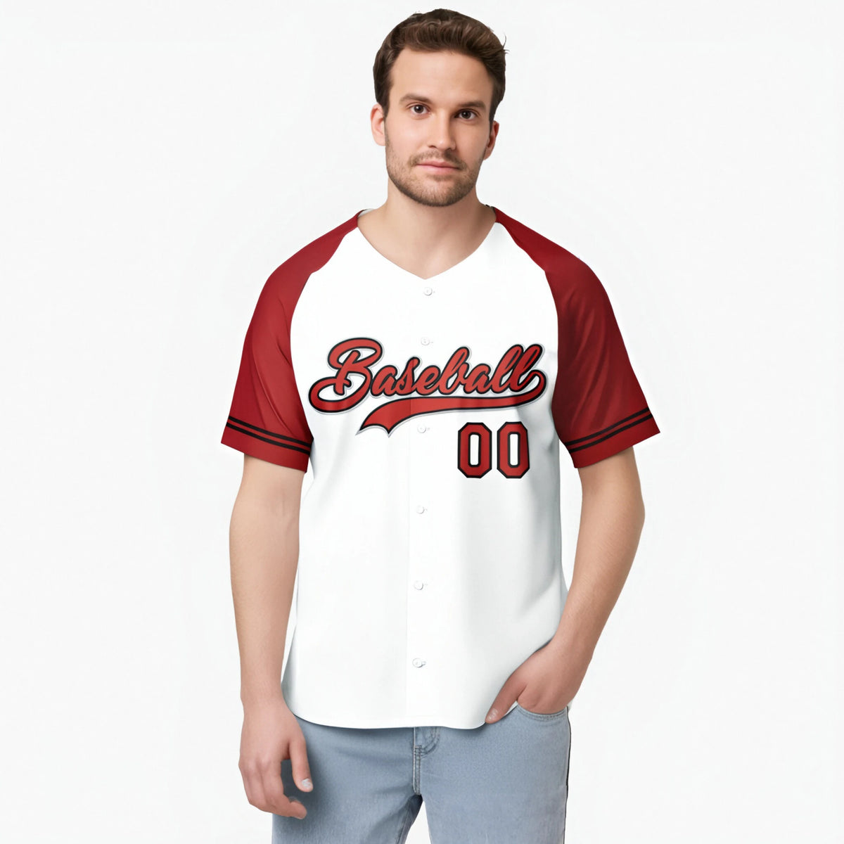 Custom White Red Authentic Raglan Sleeves Baseball Jersey