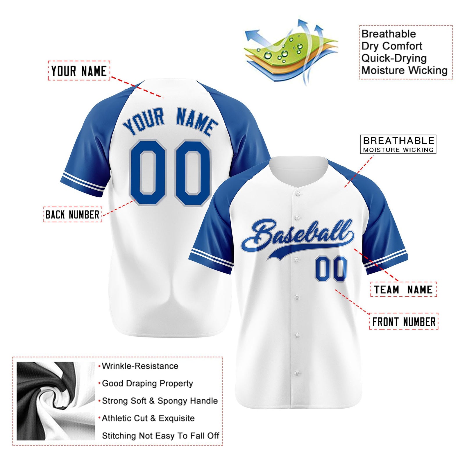 Custom White Royal Blue Authentic Raglan Sleeves Baseball Jersey