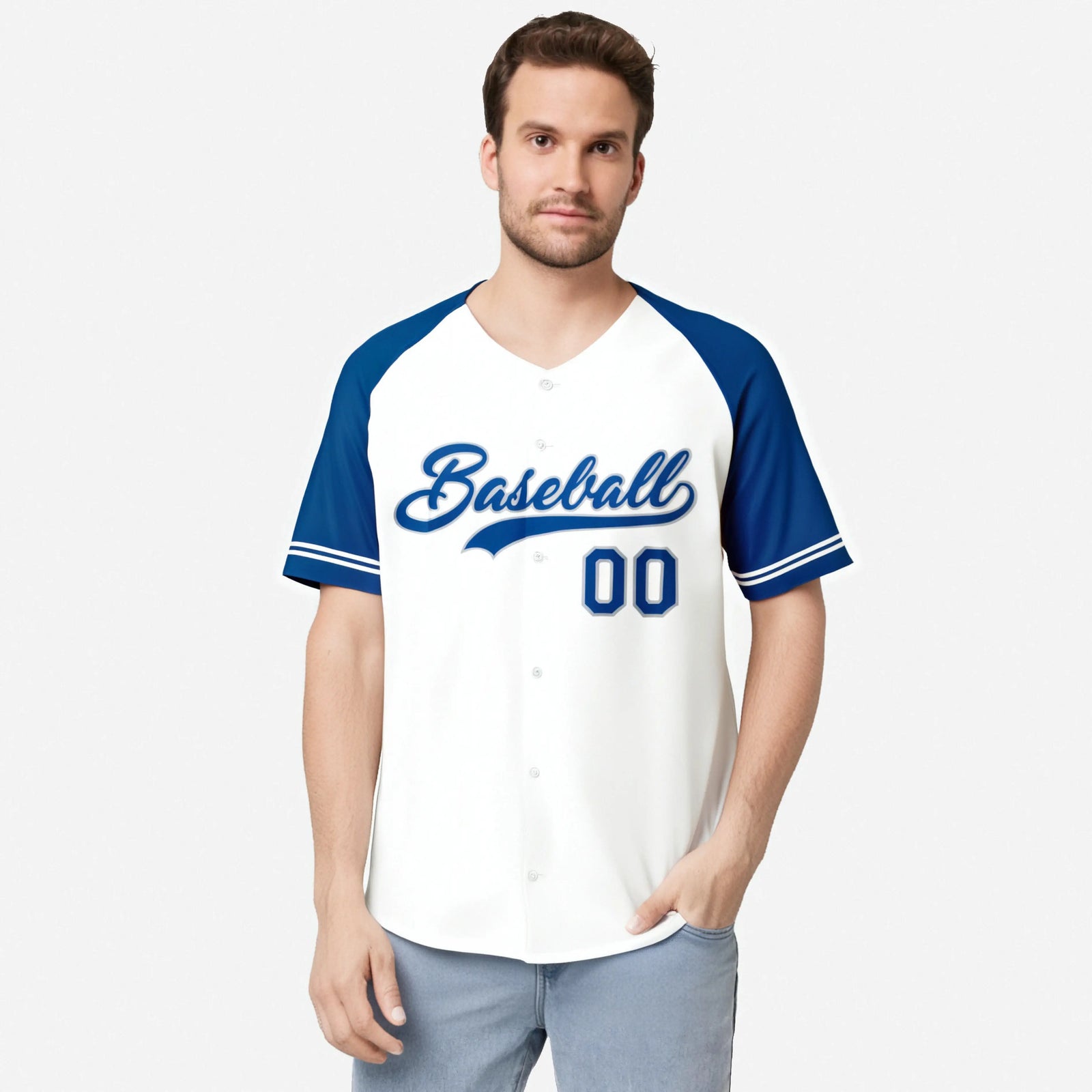 Custom White Royal Blue Authentic Raglan Sleeves Baseball Jersey