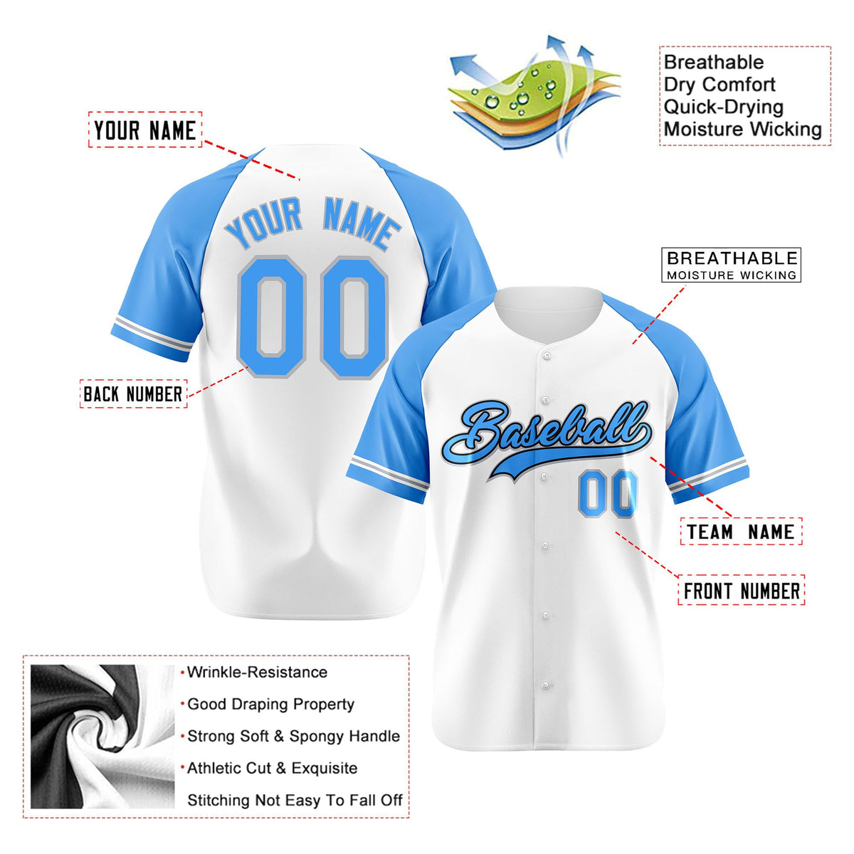 Custom White Light-Blue Authentic Raglan Sleeves Baseball Jersey