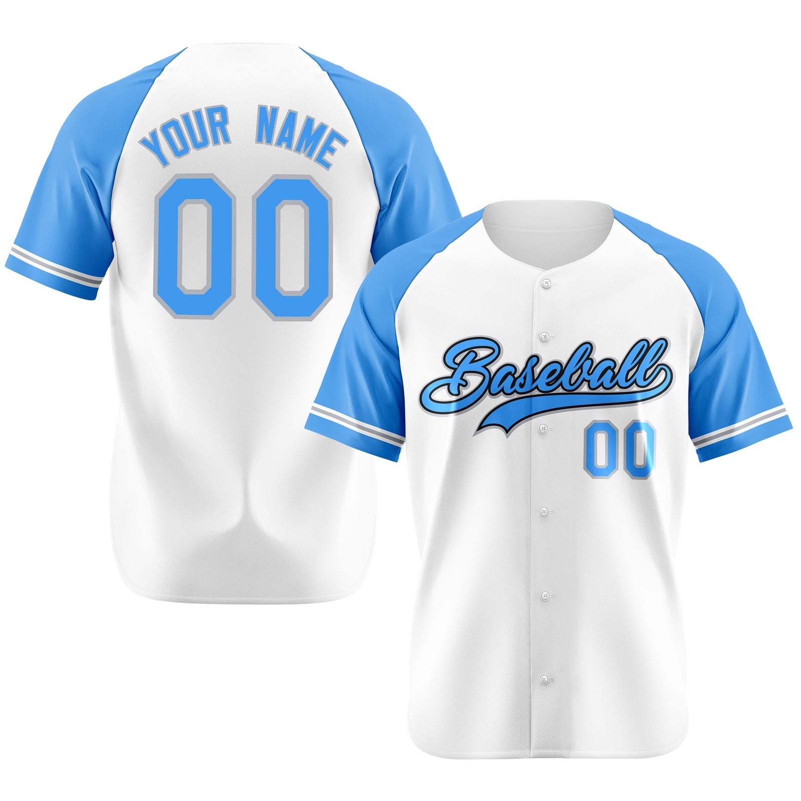 Custom White Light-Blue Authentic Raglan Sleeves Baseball Jersey