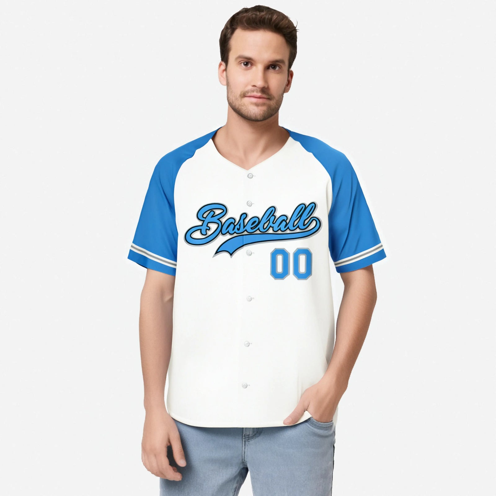 Custom White Light-Blue Authentic Raglan Sleeves Baseball Jersey
