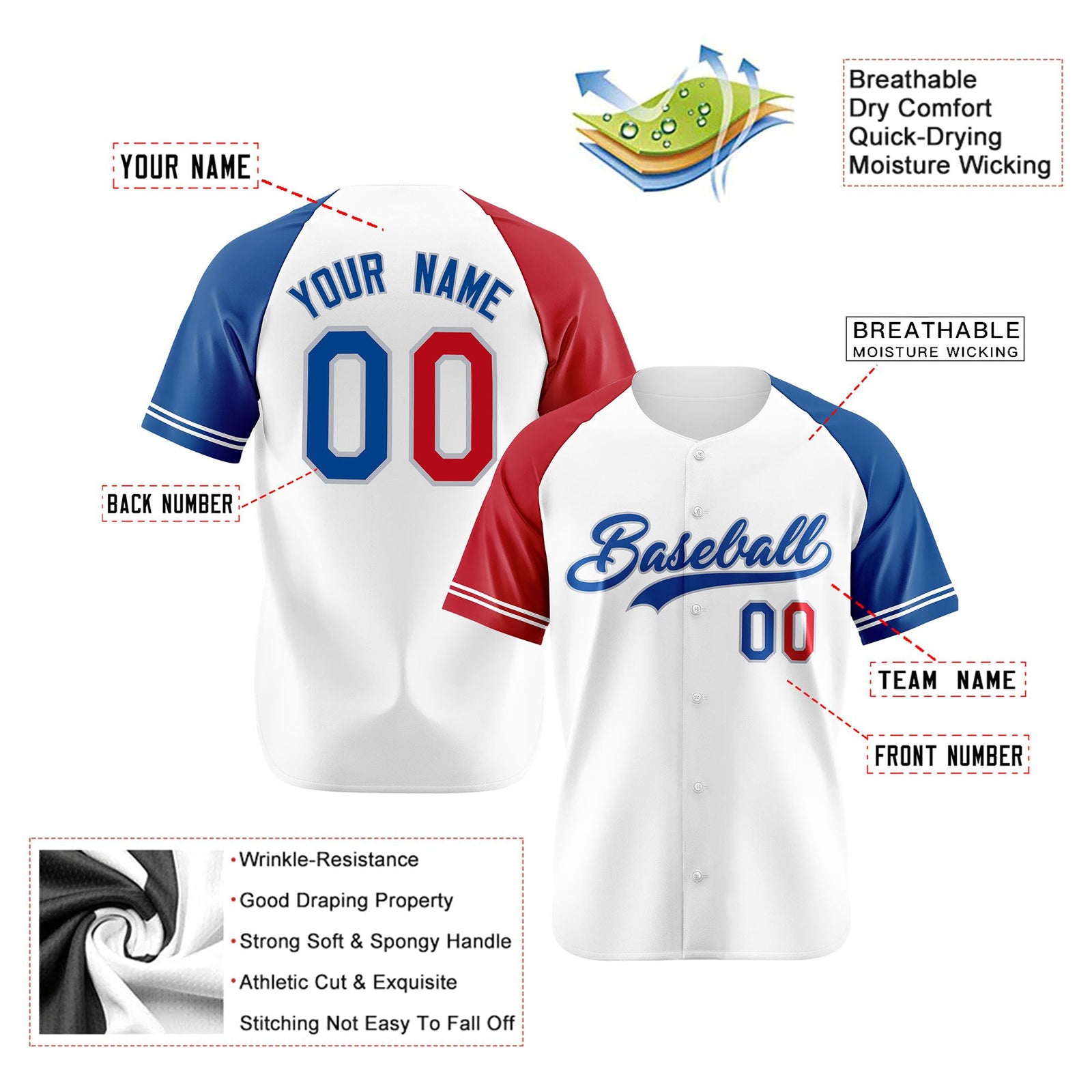 Custom White Red-Blue Authentic Raglan Sleeves Baseball Jersey