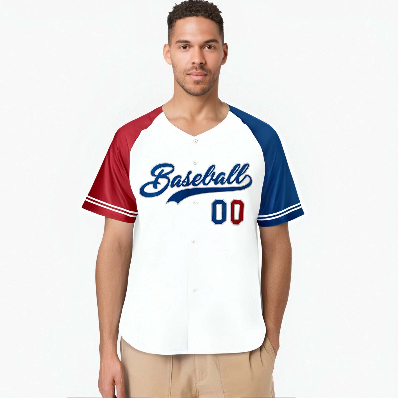 Custom White Red-Blue Authentic Raglan Sleeves Baseball Jersey
