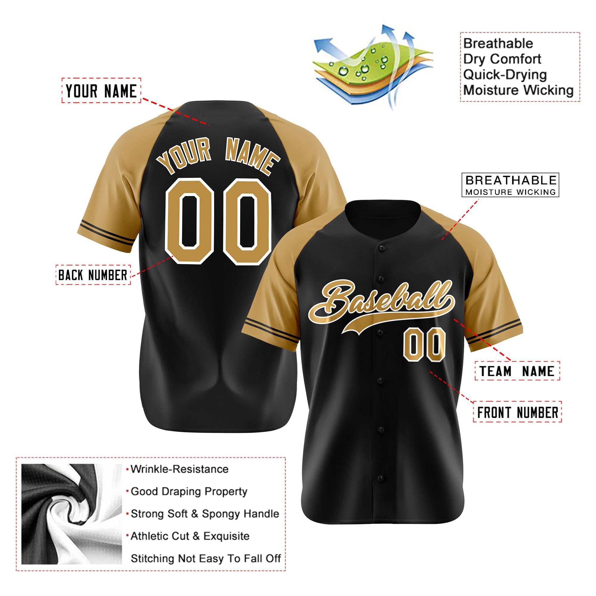 Custom Black Gold Authentic Raglan Sleeves Baseball Jersey