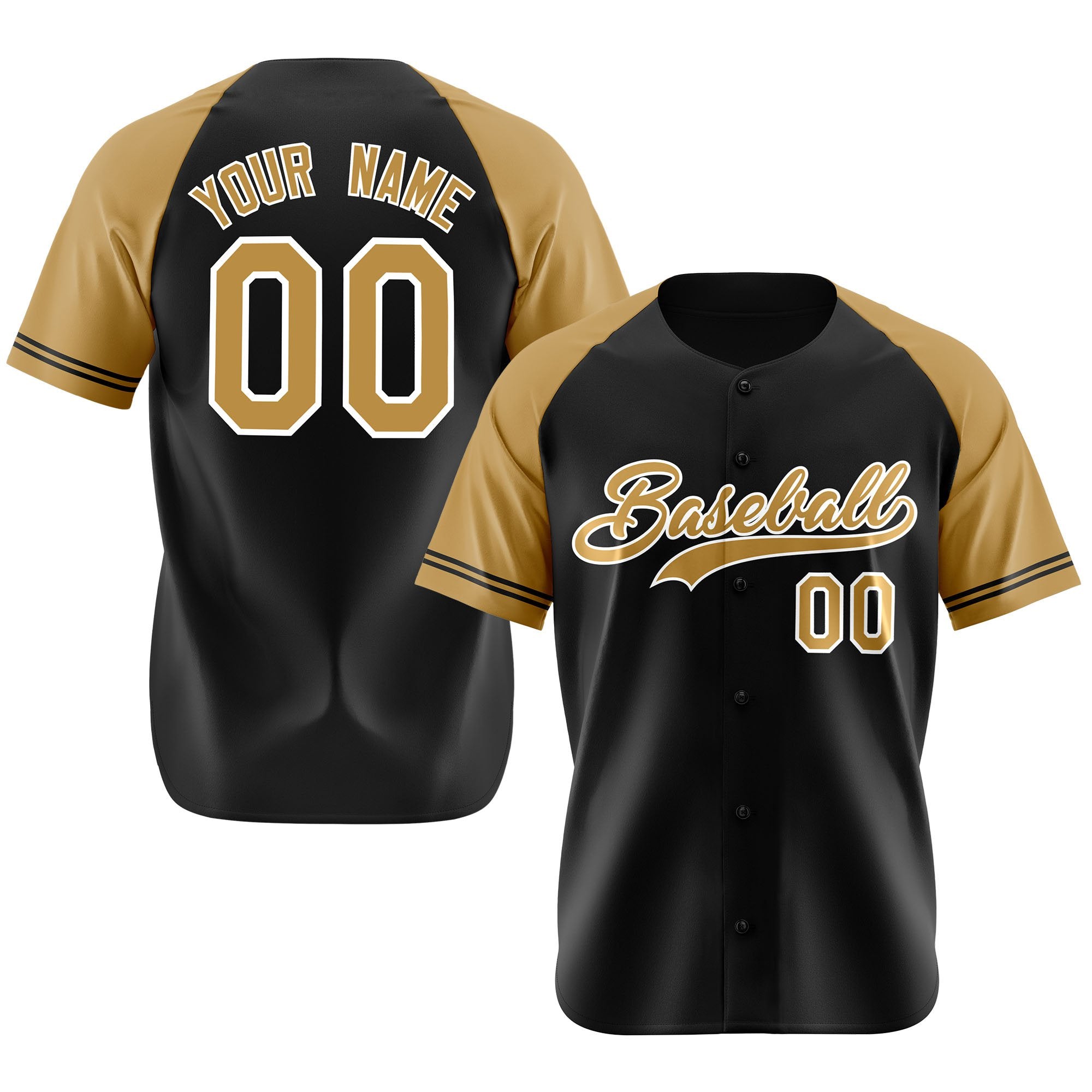 Custom Black Gold Authentic Raglan Sleeves Baseball Jersey