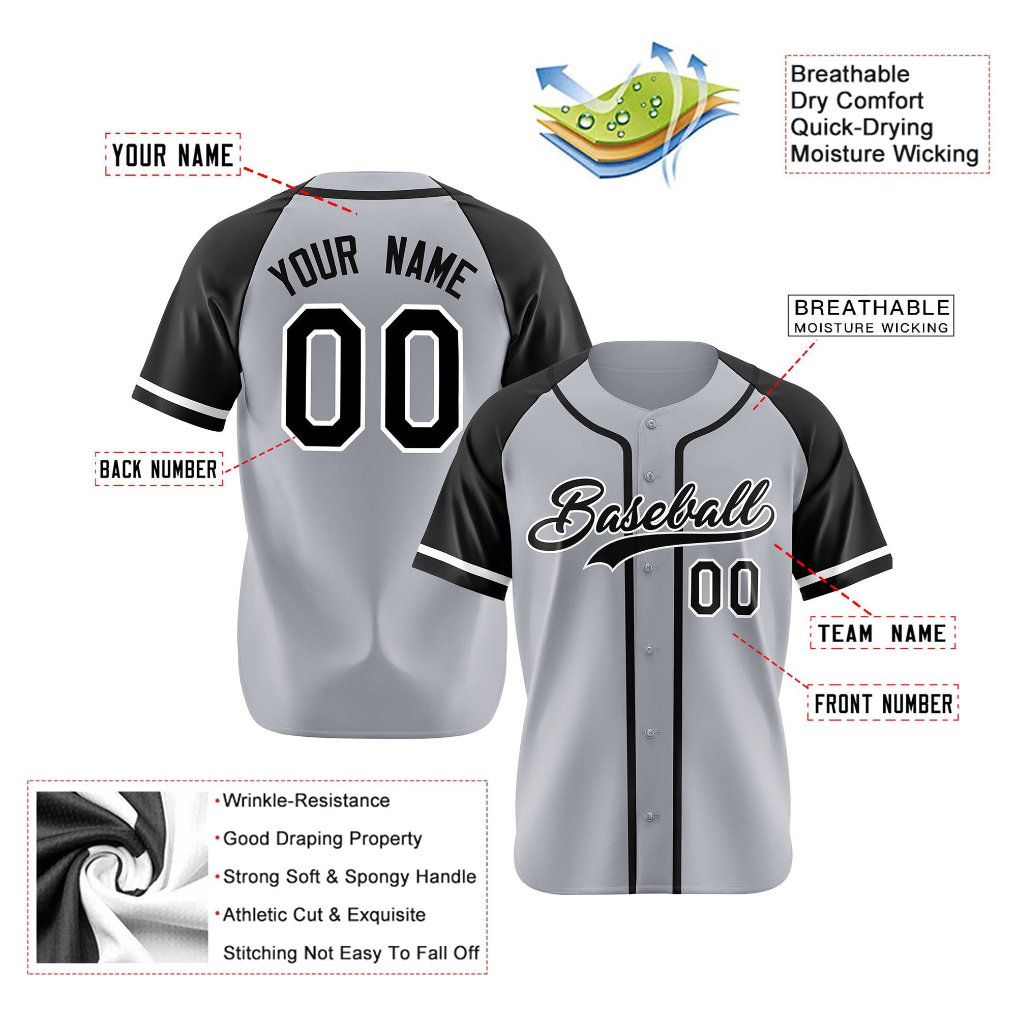 Custom Gray Black Authentic Raglan Sleeves Baseball Jersey