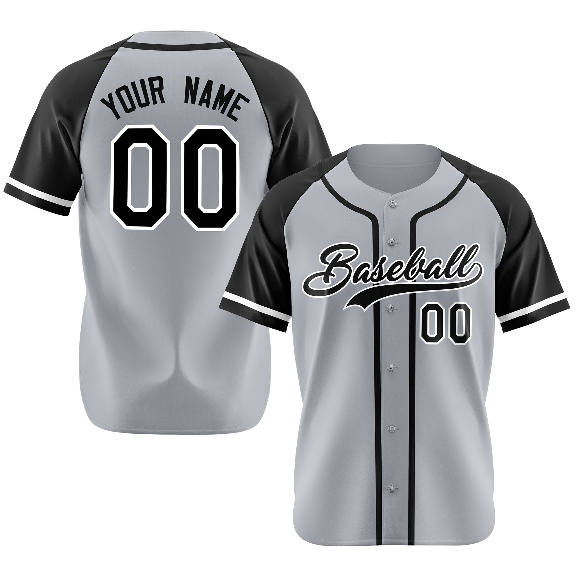 Custom Gray Black Authentic Raglan Sleeves Baseball Jersey