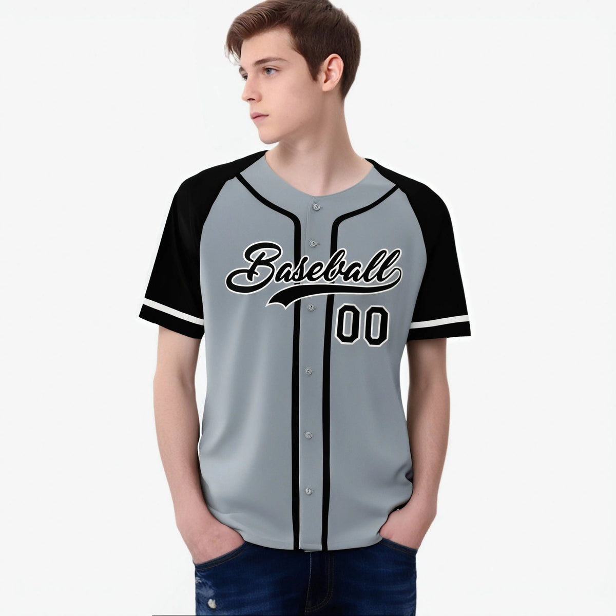 Custom Gray Black Authentic Raglan Sleeves Baseball Jersey