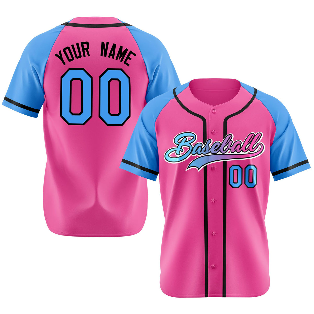 Custom Pink Powder Blue Authentic Raglan Sleeves Baseball Jersey