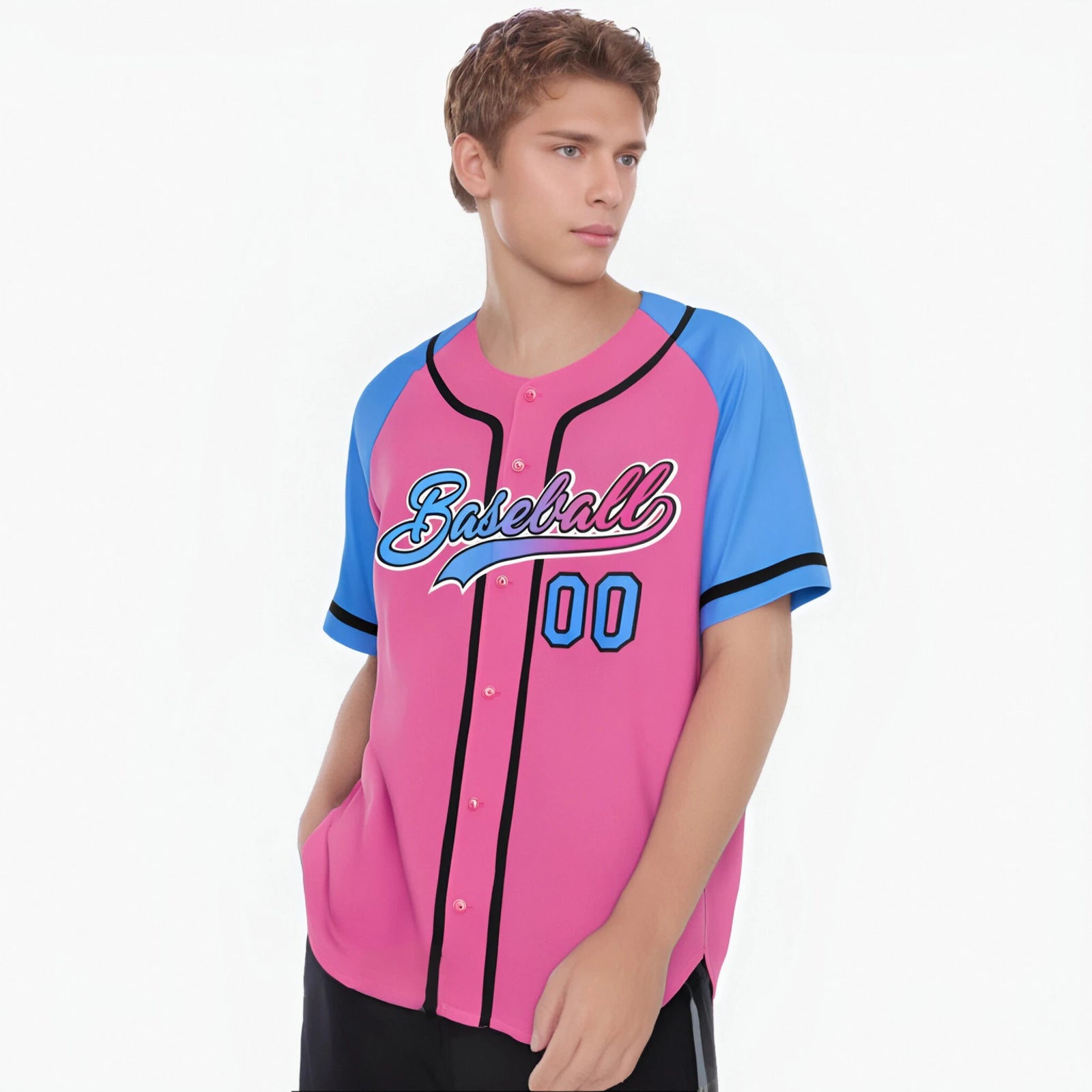 Custom Pink Powder Blue Authentic Raglan Sleeves Baseball Jersey