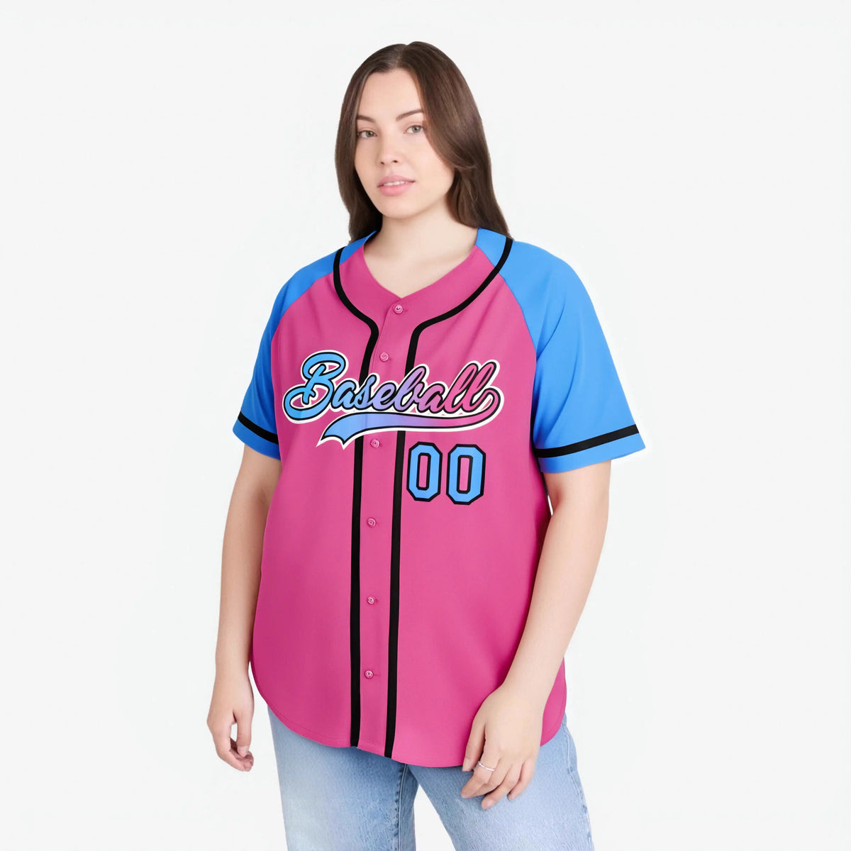 Custom Pink Powder Blue Authentic Raglan Sleeves Baseball Jersey