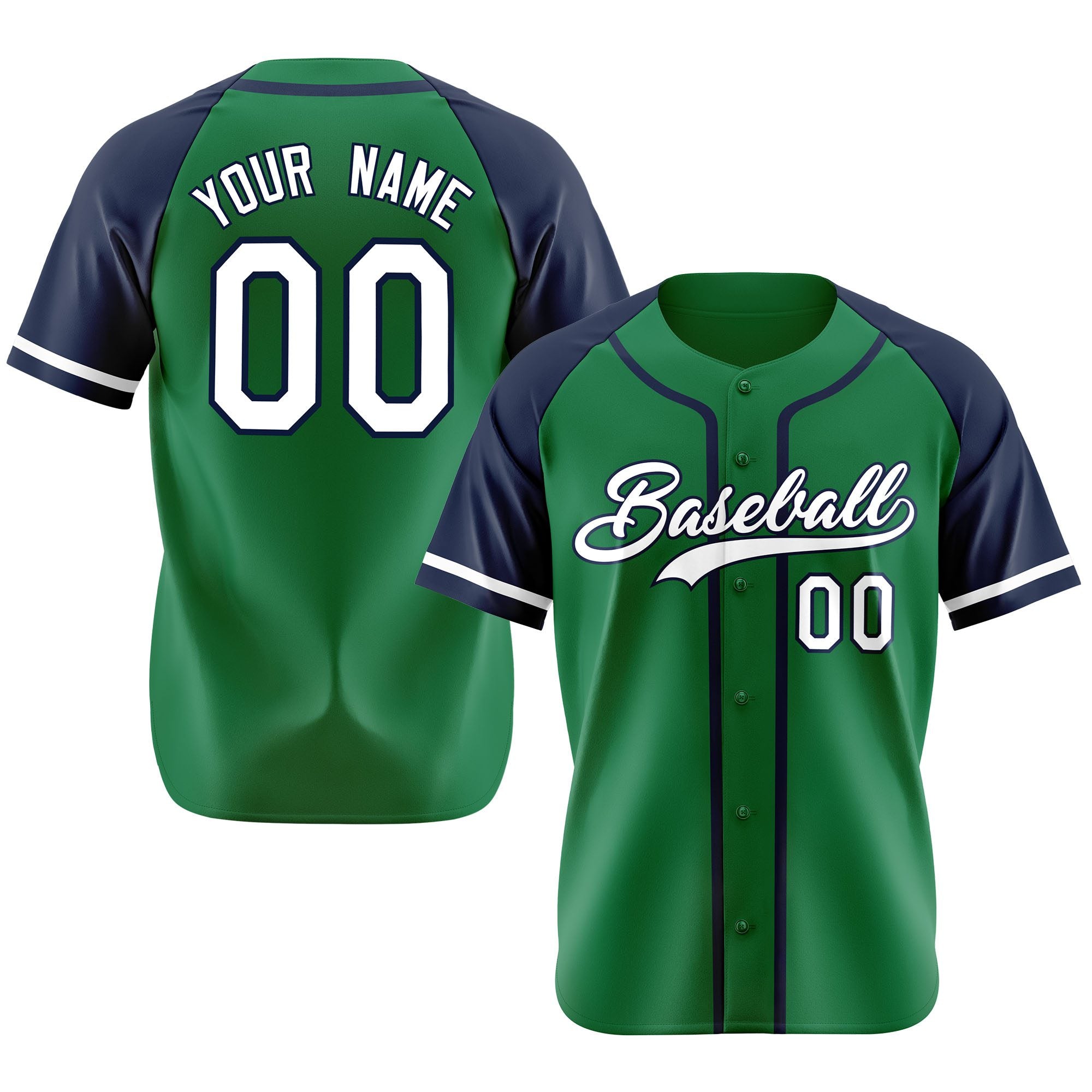 Custom Kelly Green Navy Authentic Raglan Sleeves Baseball Jersey