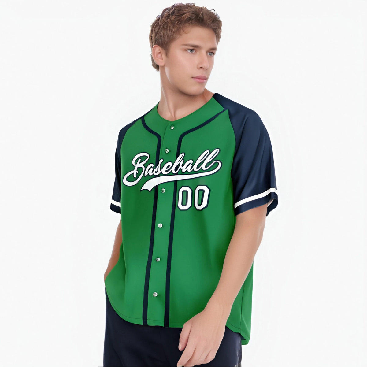Custom Kelly Green Navy Authentic Raglan Sleeves Baseball Jersey