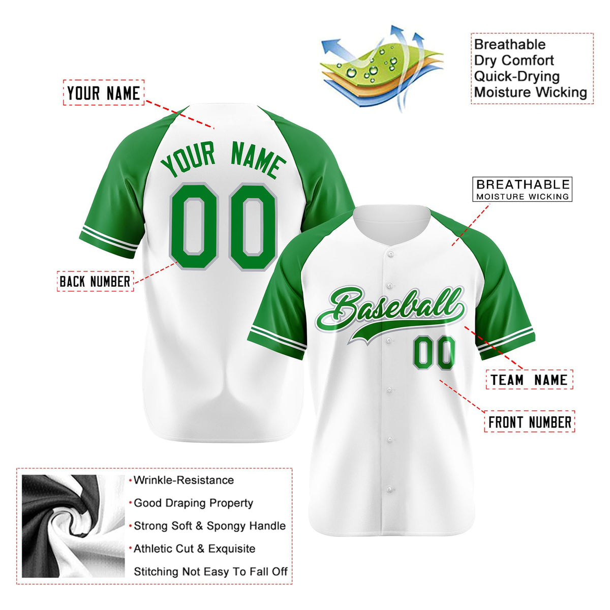 Custom White Kelly Green Authentic Raglan Sleeves Baseball Jersey