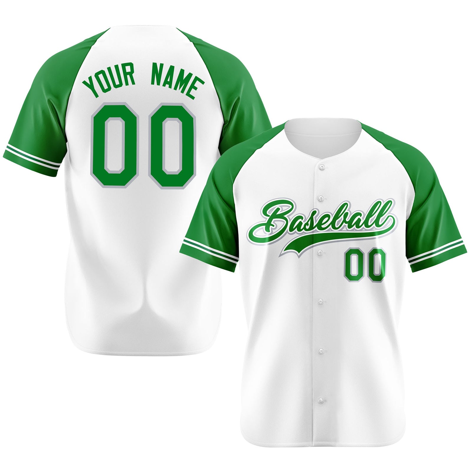 Custom White Kelly Green Authentic Raglan Sleeves Baseball Jersey