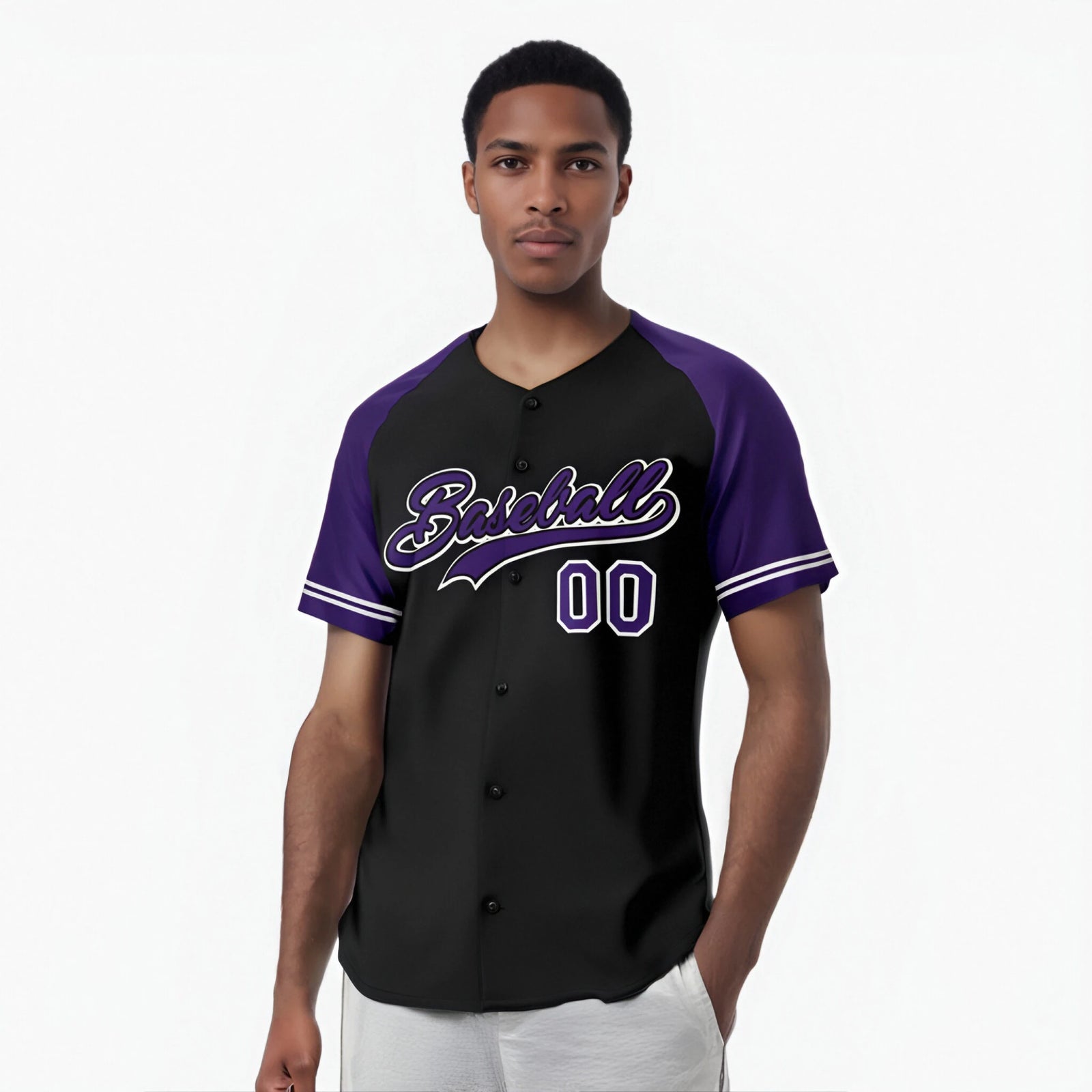 Custom Black Purple Authentic Raglan Sleeves Baseball Jersey