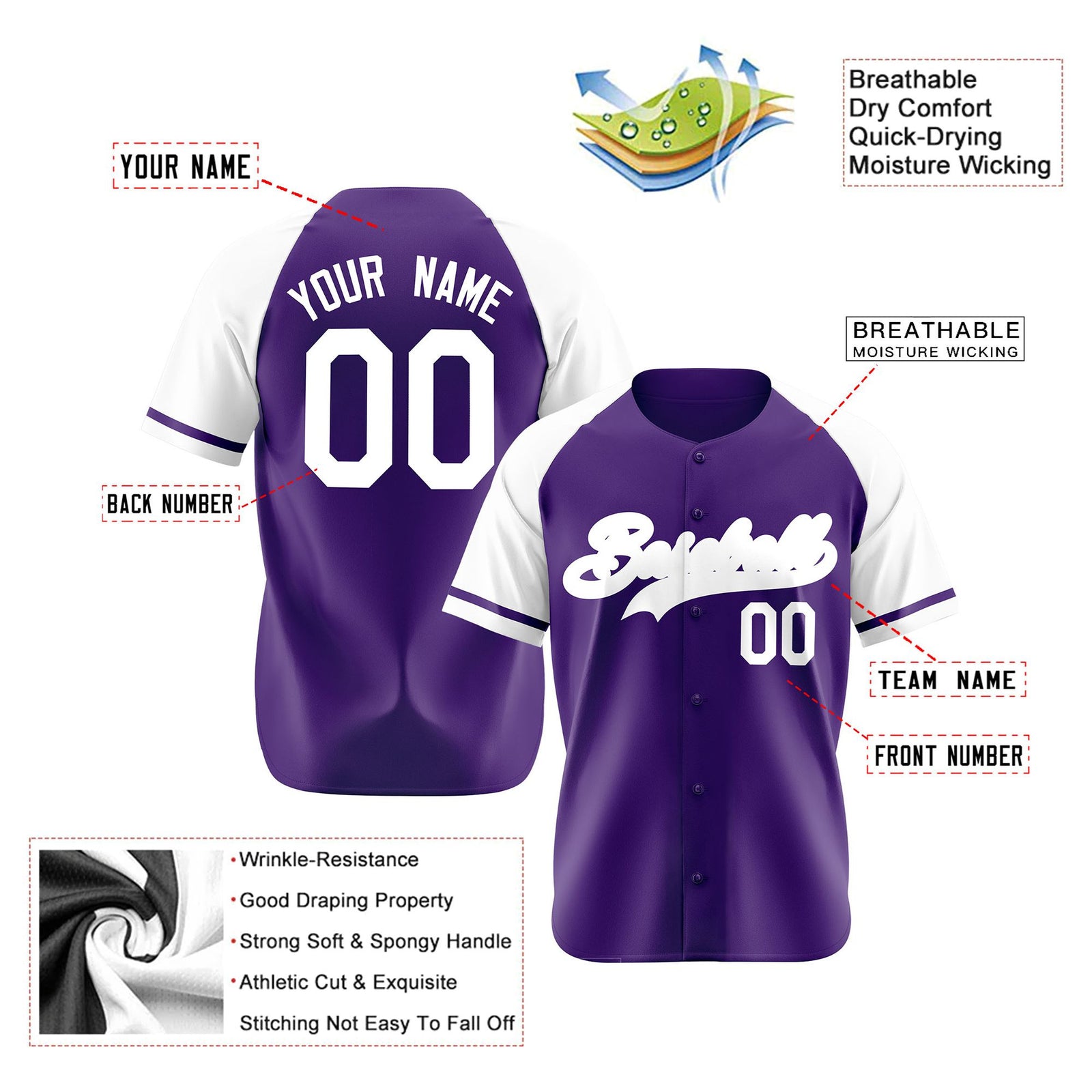 Custom Purple White Authentic Raglan Sleeves Baseball Jersey