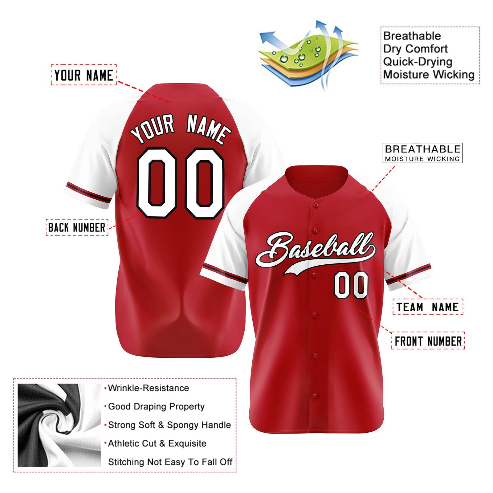Custom Red White Authentic Raglan Sleeves Baseball Jersey
