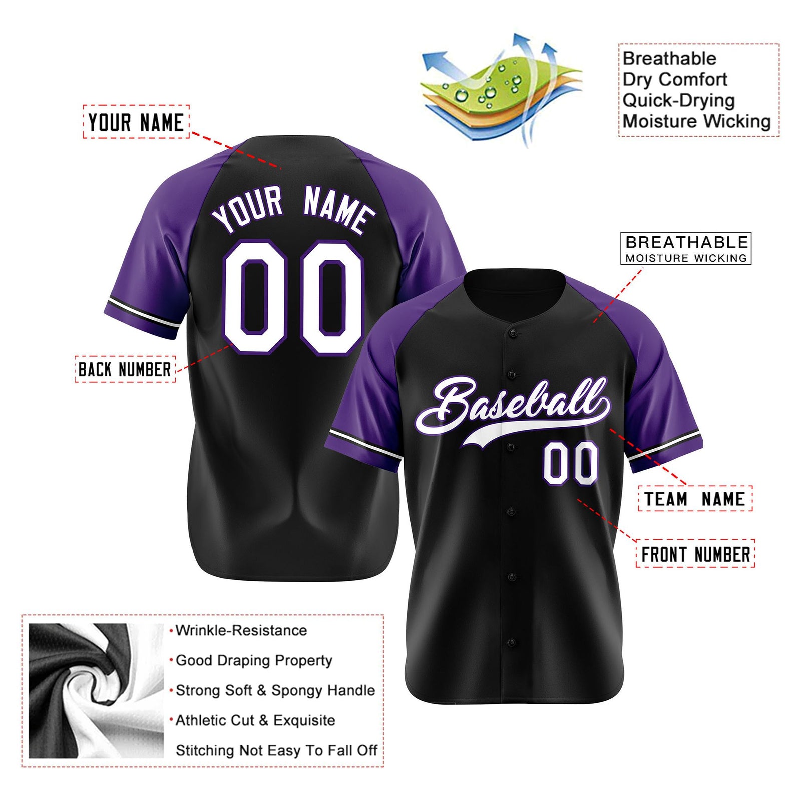 Custom Black Purple White Authentic Raglan Sleeves Baseball Jersey