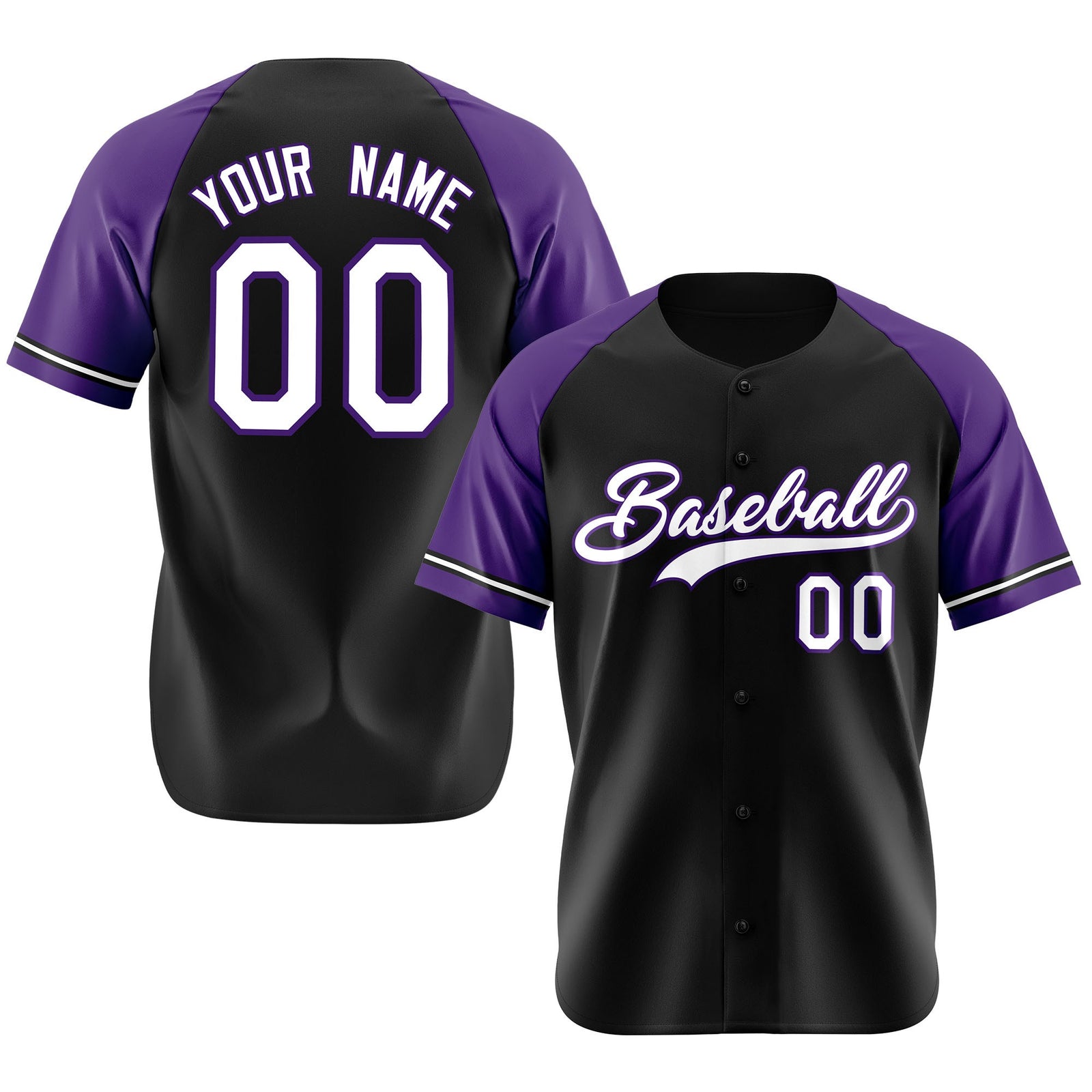 Custom Black Purple White Authentic Raglan Sleeves Baseball Jersey