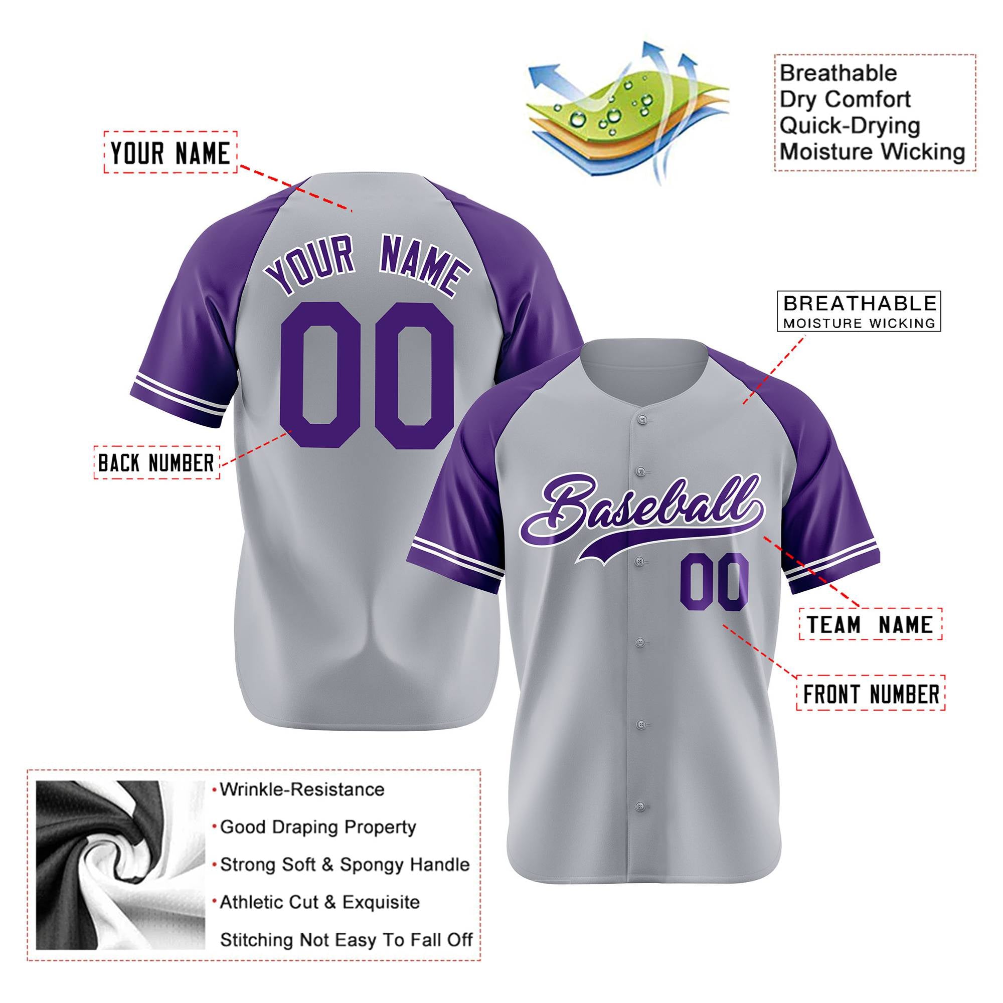 Custom Gray Purple Authentic Raglan Sleeves Baseball Jersey