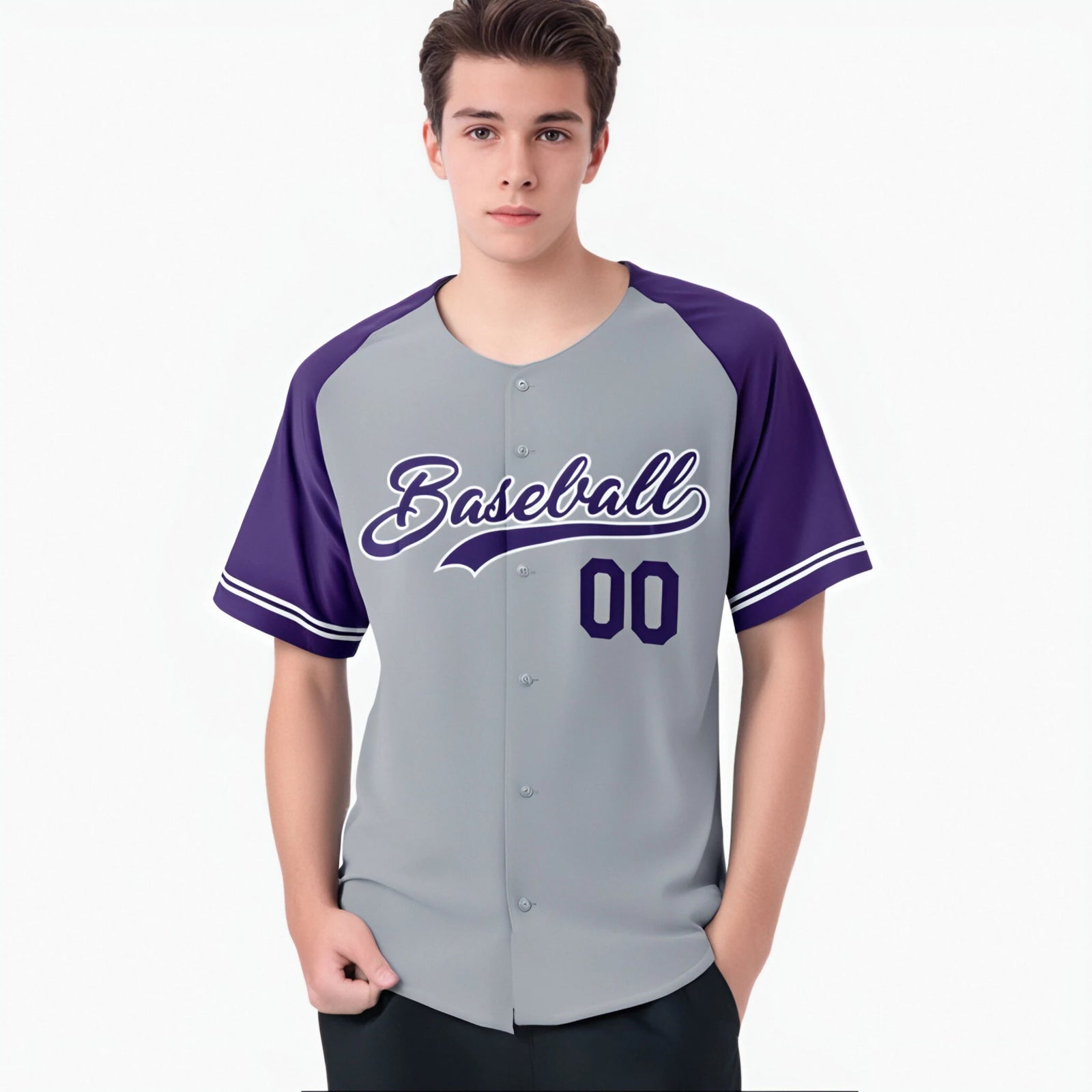 Custom Gray Purple Authentic Raglan Sleeves Baseball Jersey