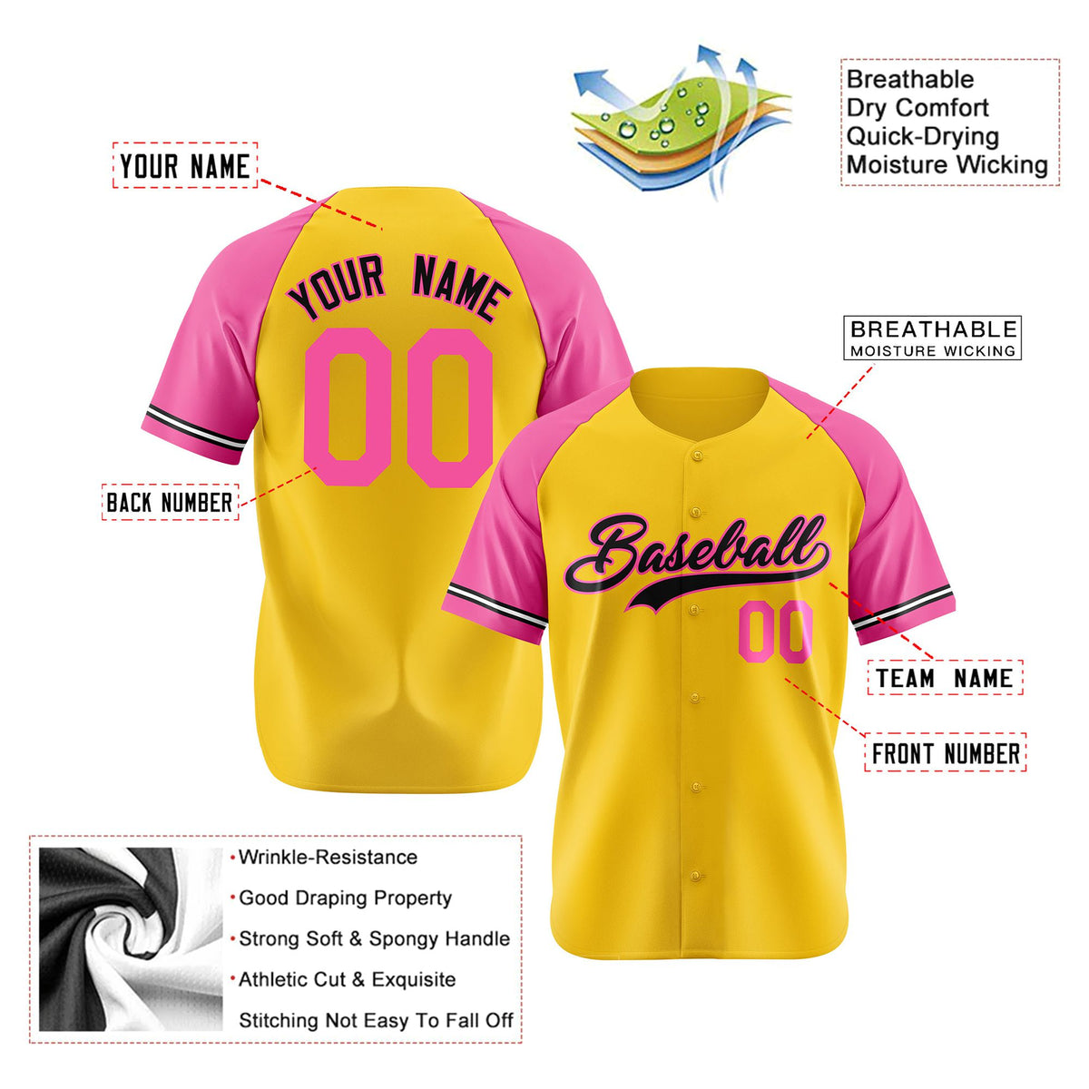 Custom Yellow Pink Authentic Raglan Sleeves Baseball Jersey
